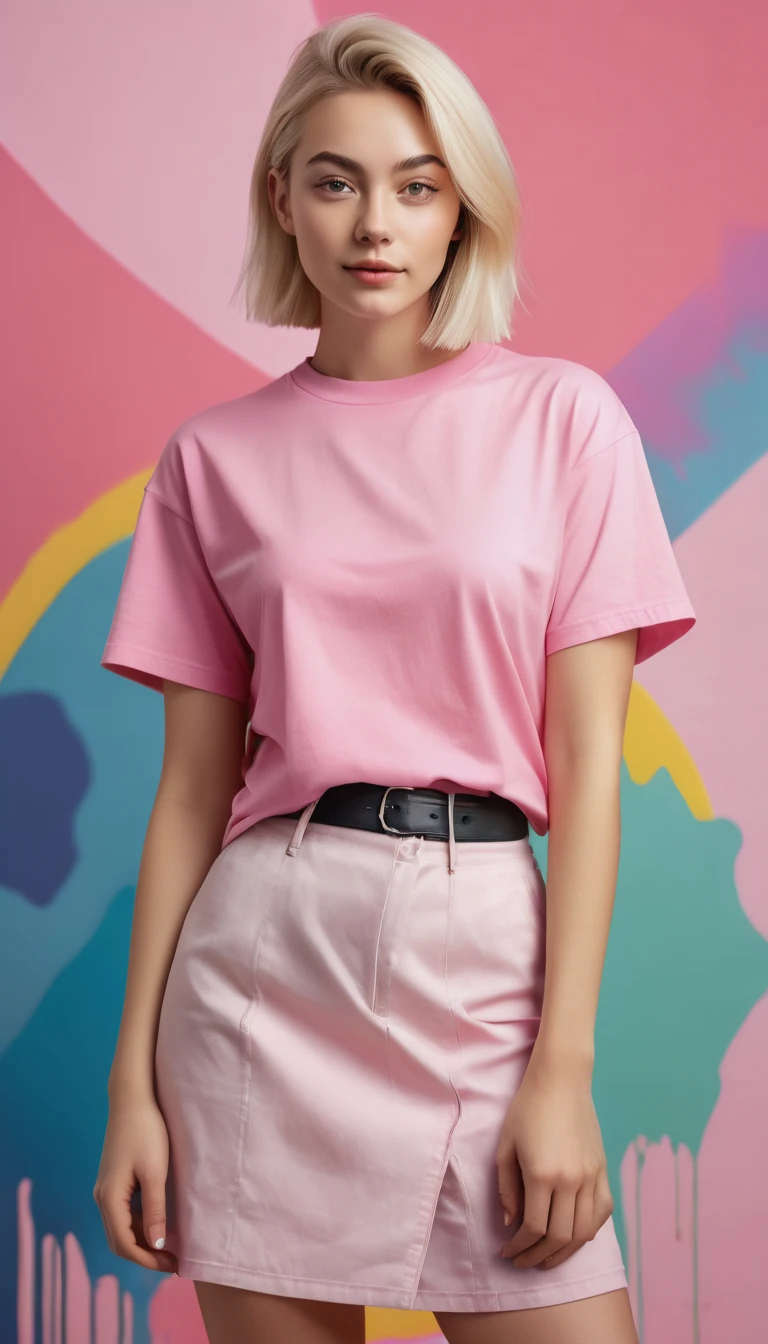 Cinematic fullbody photo Gen-Z fashion-focused beautiful young american woman with short skirt straight blond hair, donned in an oversize, heavyweight blank pink t-shirt , small crew neck, vibrant backdrop assembled with acrylic abstract of cheerful colors, wrinkle detail, fabric texture, shadowing, shirt size, ultra HD, lifelike aesthetic, high saturation, superior detail, balanced composition, ultra realistic, photorealistic, fine detail, ultra detais, 16K, kodak portra 400. By DL ⭕