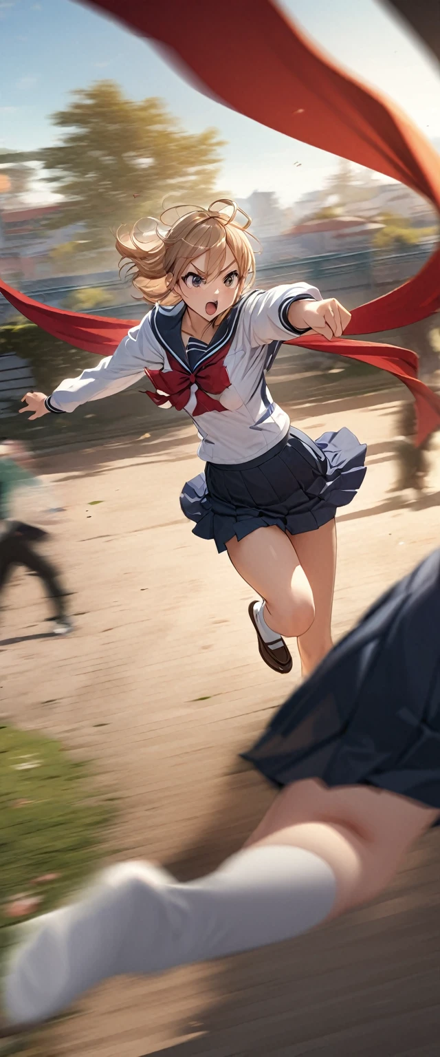 ((Masterpiece, top quality, high resolution)), ((highly detailed CG unified 8K wallpaper)), ((close up of Japanese high school girl dancing ))), High school sailor uniform with red scarf, urban park morning scene, (short skirt, long sleeved sailor uniform, white socks), detailed skin, visible thighs, dynamic composition, speedy, ((motion blur, background blur)), (view from the top:1.5),