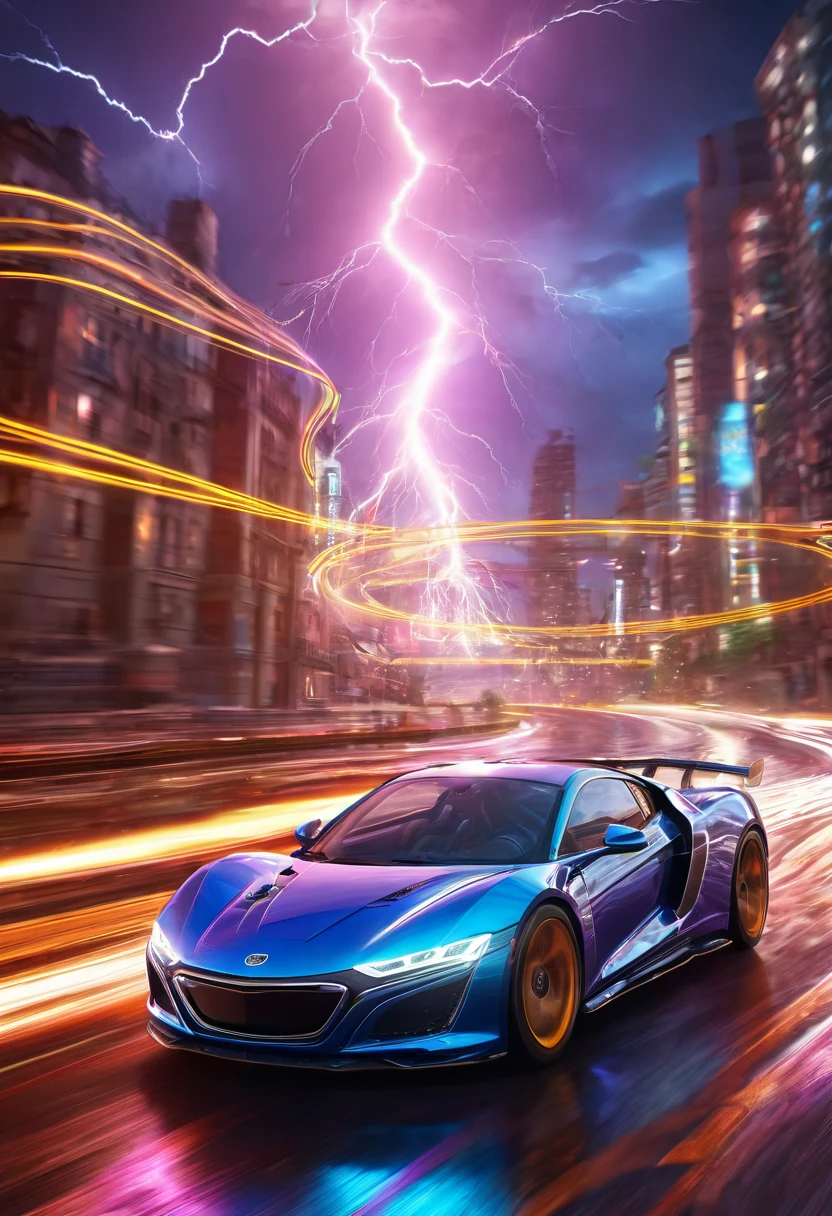 (Motion Blur:1.5), speeding time lapse lightning flash neon car race detailed, detailed matte painting, deep color, fantastical, intricate detail, splash screen, complementary colors, fantasy concept art, 8k resolution trending on Artstation Unreal Engine 5