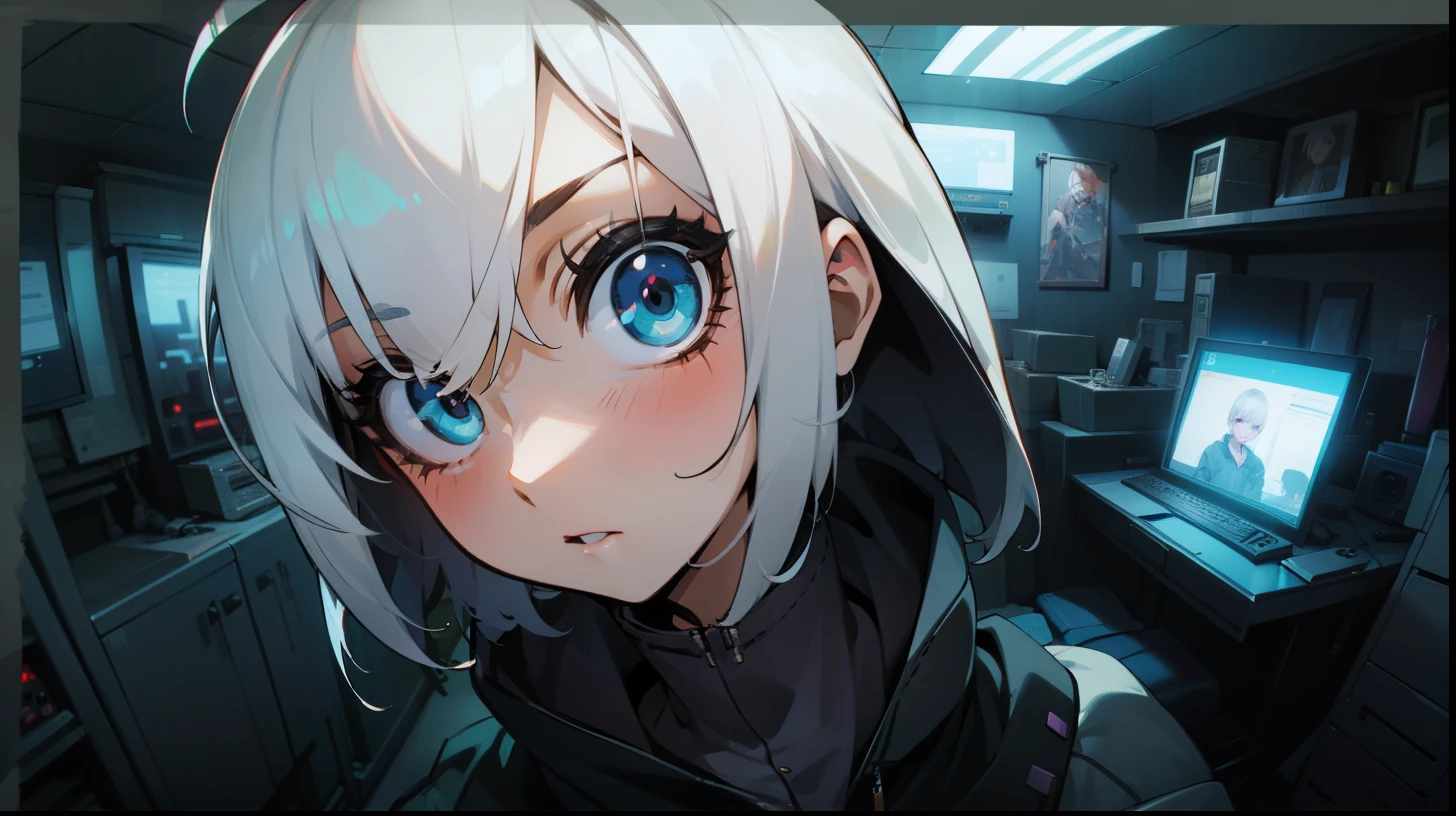 Man,attractive, white hair,((short-hair:1.2)) close face view, ultra wide view, background studio room full of music equipments for composting songs, ((cyberpunk style:0.9)), (UTRA-DETAILED-FACE-EYES:1),(CINEMATIC:1),(HIGH-RES:1.2),(AMAZING-ART:1), wearing techwear hoodie