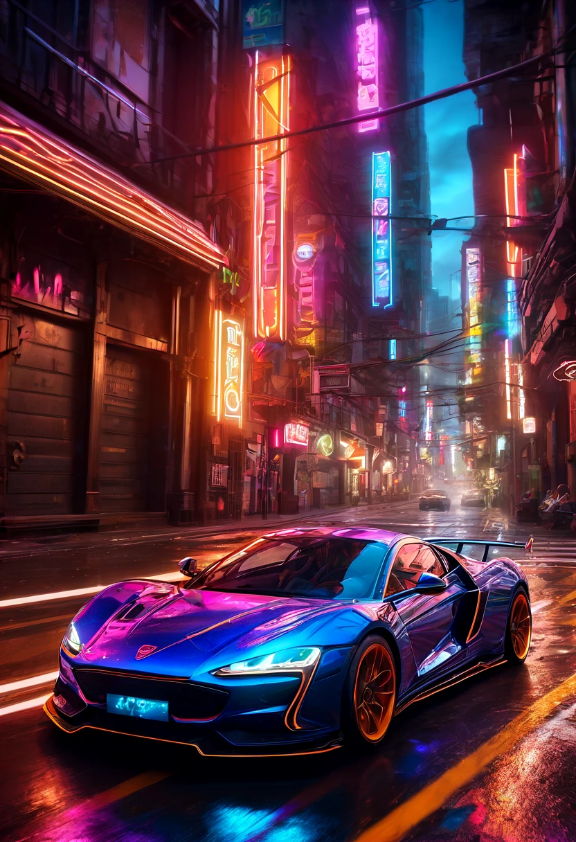 (Motion Blur:1.5), speeding time lapse lightning flash neon car race detailed, detailed matte painting, deep color, fantastical, intricate detail, splash screen, complementary colors, fantasy concept art, 8k resolution trending on Artstation Unreal Engine 5