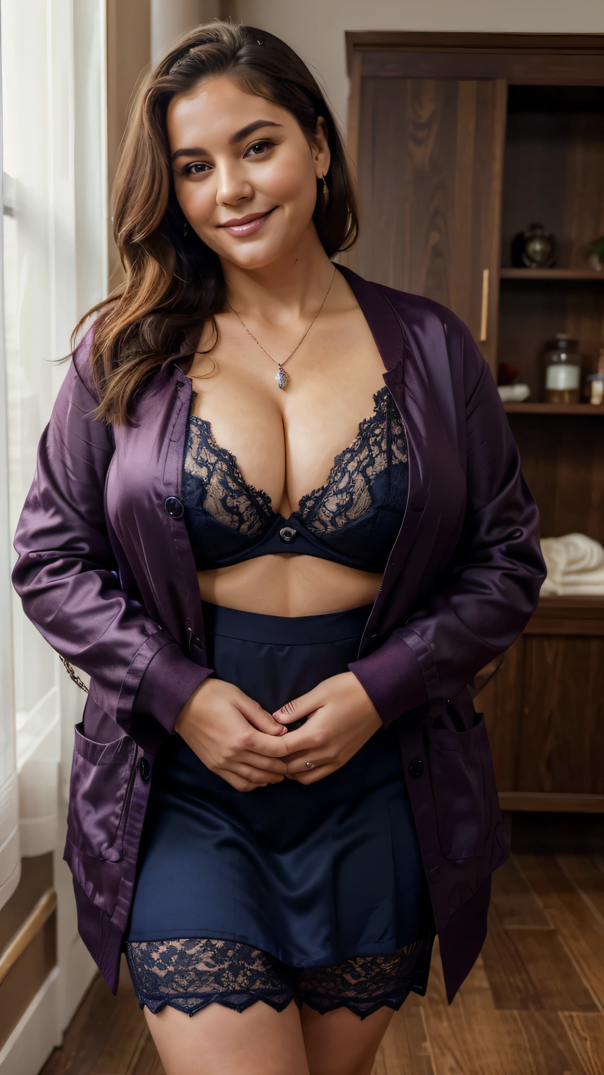 A beautiful and hot almost chubby mature  woman with big butt.who wears a navy lace-like underwear with a skirt.  And on top of that, he is wearing a short plum-colored silk coat that is closed in the front with a button. And he is standing in the house. He has a smiling face. He is also wearing a diamond necklace.