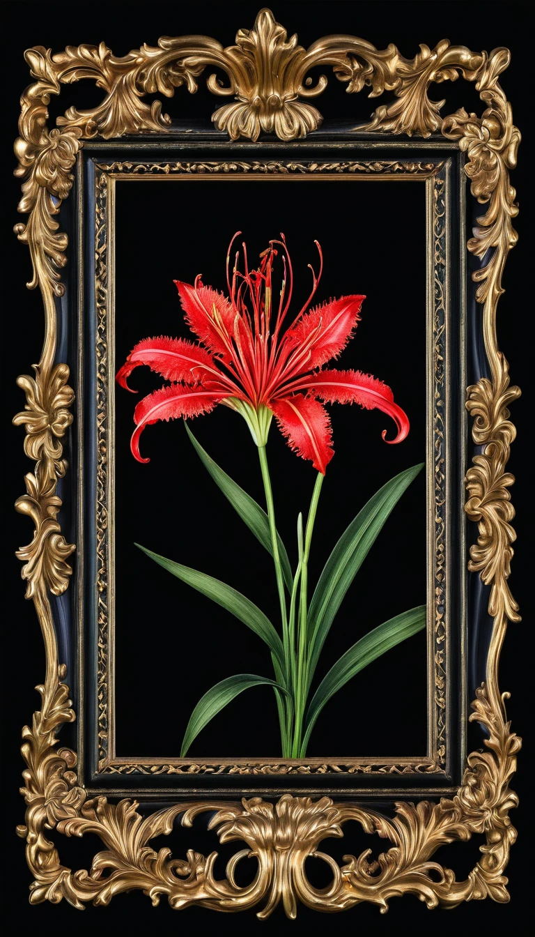 Black background Fits in the frame Small baroque frame at the top center Red spider lily Does not protrude