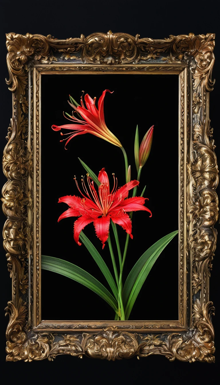 Black background Fits in the frame Small baroque frame at the top center Red spider lily Does not protrude