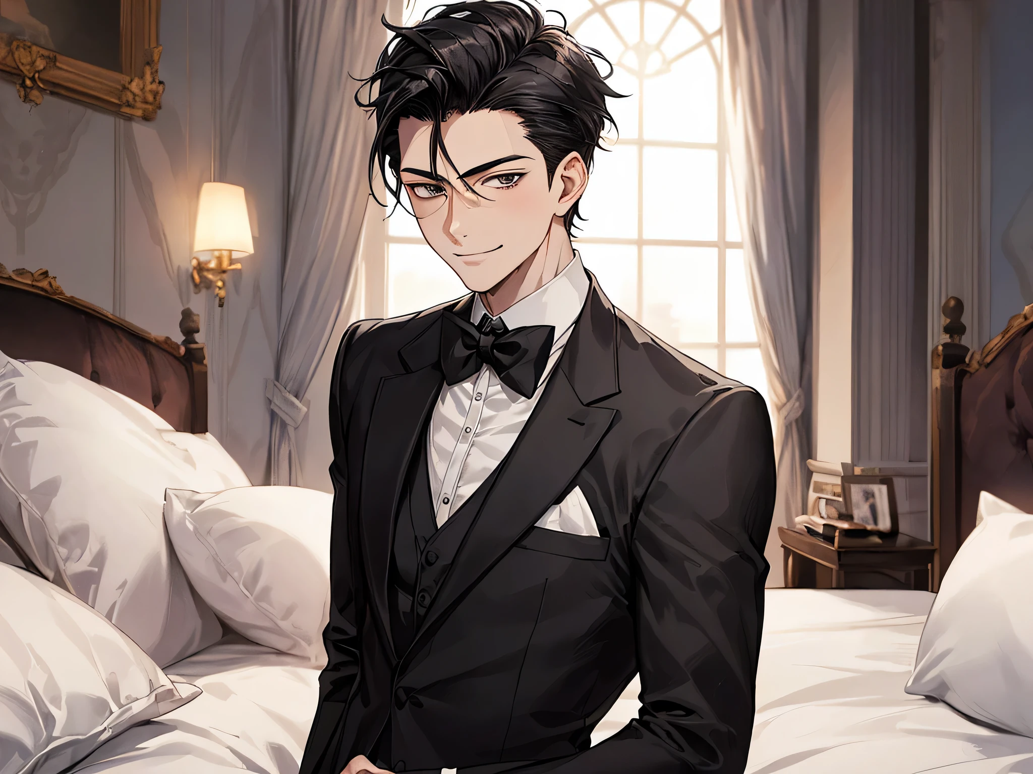 Dynamic Angle,Butler.,one person,(solo)30th Generation,male,Black-haired,Short Hair,Upper Body,Black suit,hair slicked back,,A bow tie,Face close-up,Horny,smile,Hotel room bed、night
