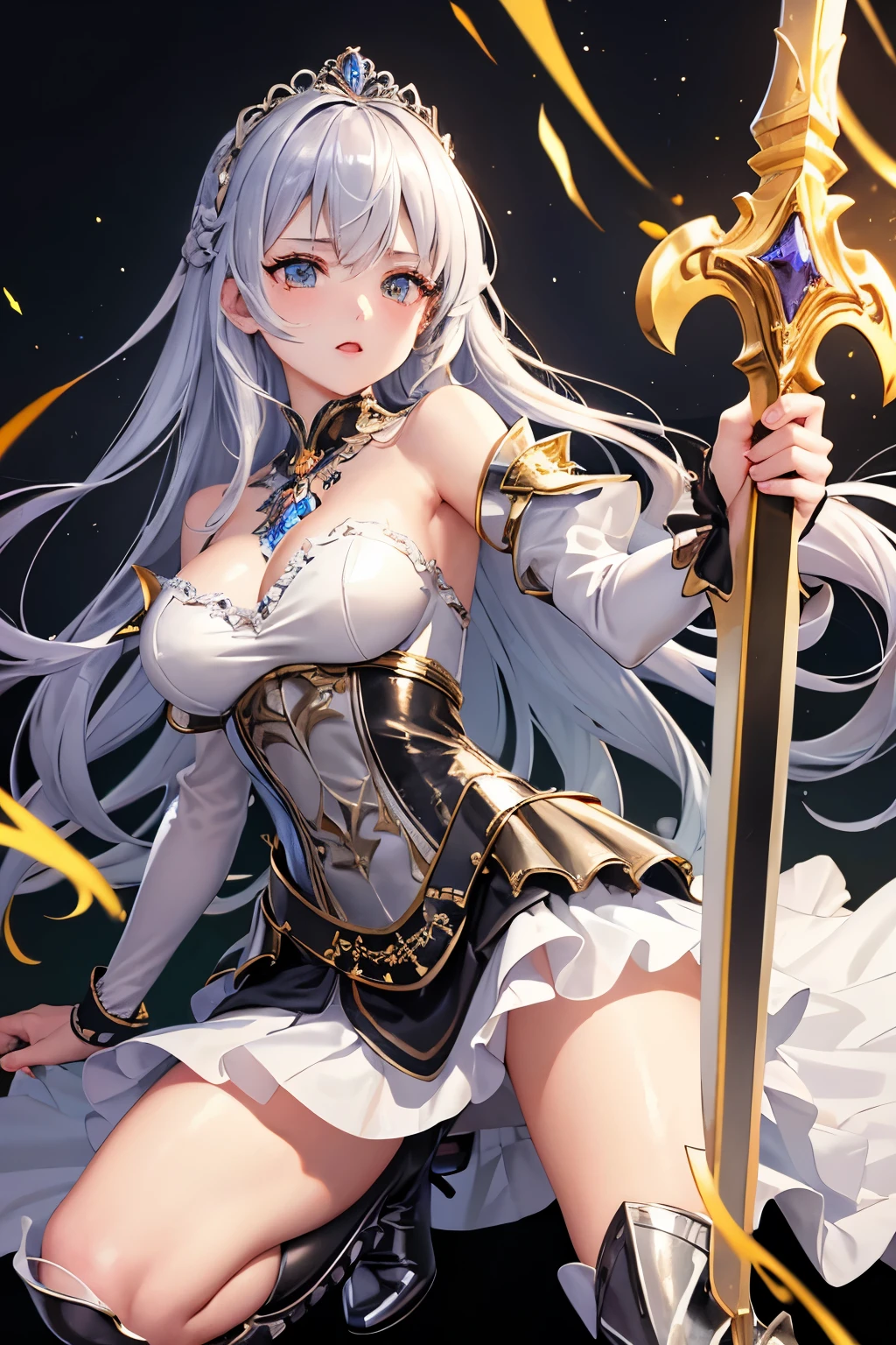 (((highest quality、Masterpiece、Normal body、8k、Detailed face、Ultra-precision、Normal hand、Normal finger、5Finger、supreme)))Golden and silver hair、Princess、Gorgeous Dress、Frilled Skirt、Shiny Tiara、night armor、metal boots、Holy Sword、Overall view、Ripped Dress、Torn dress、Dress with holes、exposed skin、Grim Reaper