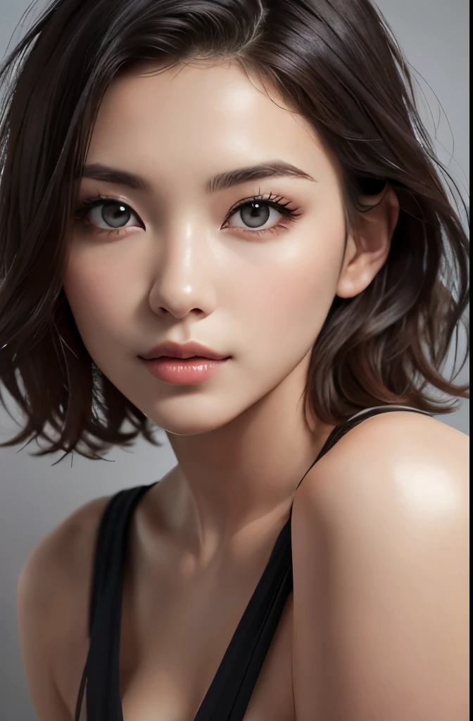 8k uhd、RAWphotograph、モデルphotograph撮影、 (masterpiece, highest quality, Photorealistic, High resolution, photograph: 1.3), Close-up, Focusing, Hot Model, slim, 30 year old mature woman、Small face、Short Hair、Dark Brown Hair、Detailed beautiful eyes、Realな肌, (perfect body), Sexy hot face, Erotic, sexual gaze, slim, Detailed beautiful eyes、glossy lips、Small breasts、Small breasts、Small breasts、Bust B cup、((bright light、Dynamic lighting、Real、超Real、 realism、Realistic details、Cool Beauty、Sexy pose、cool pose、Sexy Costumes、Background gray、Plain gray background
