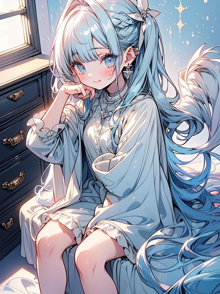 masterpiece, best quality, extremely detailed, (illustration, official art:1.1), 1 girl ,(((( light blue long hair)))), light blue hair, ,, long hair ((blush)) , cute face, big eyes, masterpiece, best quality,(((((a very delicate and beautiful girl))))),Amazing,beautiful detailed eyes,blunt bangs((((little delicate girl)))),tareme(true beautiful:1.2), sense of depth,dynamic angle,,,, affectionate smile, (true beautiful:1.2),,(tiny 1girl model:1.2),)(flat chest)),, face,(masterpiece, amazing quality)), (unity 8k wallpaper), (absurdres), (ultra detailed, ultra highres: 1.5), (sharp focus),
multicolored hair, bangs, one side up, hairclip, jewelry, earrings,
break
satin nightgown,See-through,
(window, strong light,light leaks,shiny hair,deep shadows,Hard light),((She is sitting in front of the losion cabinet and applying makeup.)),,,,,
break
indoors, room, purple and white stripe printed wall, cute design room, cushion, cuddly toy,mirror