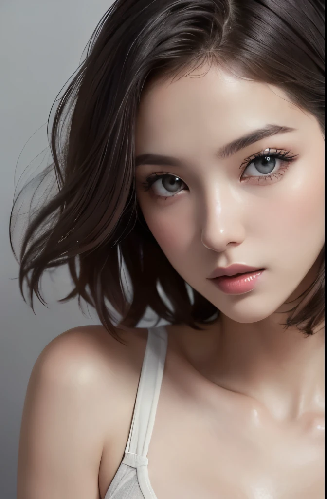 8k uhd、RAWphotograph、モデルphotograph撮影、 (masterpiece, highest quality, Photorealistic, High resolution, photograph: 1.3), Close-up, Focusing, Hot Model, slim, 30 year old mature woman、Small face、Short Hair、Dark Brown Hair、Detailed beautiful eyes、Realな肌, (perfect body), Sexy hot face, Erotic, sexual gaze, slim, Detailed beautiful eyes、glossy lips、Small breasts、Small breasts、Small breasts、Bust B cup、((bright light、Dynamic lighting、Real、超Real、 realism、Realistic details、Cool Beauty、Sexy pose、cool pose、Sexy Costumes、Background gray、Plain gray background