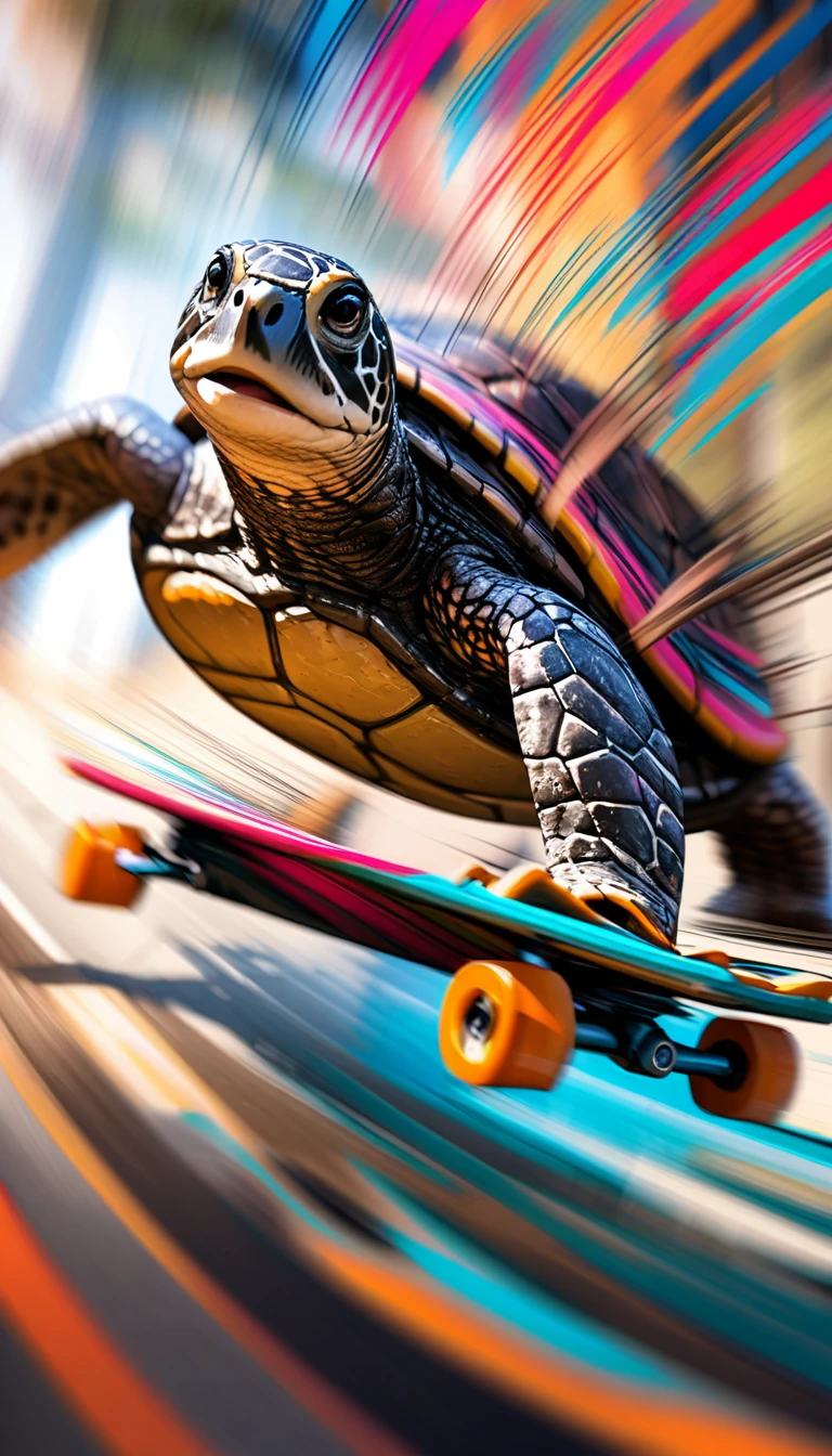 (realistic:1.2),(abstract:1.1),(motion blur:1.3),(fast and crazy ride),(turtle on a skateboard),(motion blur background),(blur shows the speed at which the turtle on the skateboard moves),(vivid colors),(dynamic composition),(expressive brushstrokes), motion blured lines, Immersive motion blured background,