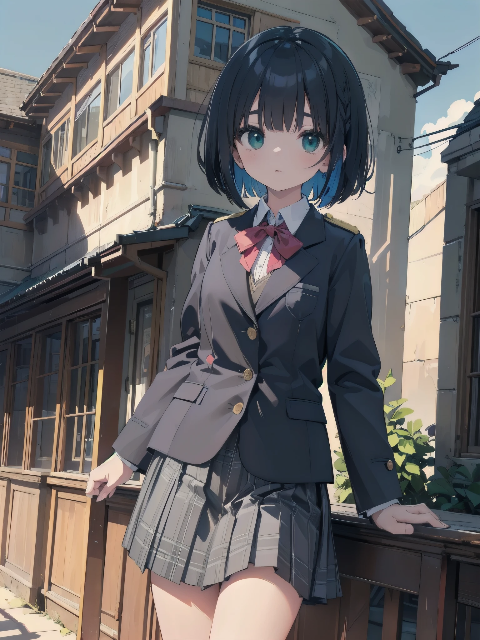Top-High quality、Highest quality、masterpiece、High Contrast、Colorful、Elegance、Sexy expression、high school girl、Beauty、Bob cut braids、uniform、(red blazer)、Ribbon tie、(Green and gray plaid skirt)、(black tightovie-like shadows、fine shading、cute、Truly unbelievably cute absurd、outside、School trip、national treasures、Traditional buildings、blue sky