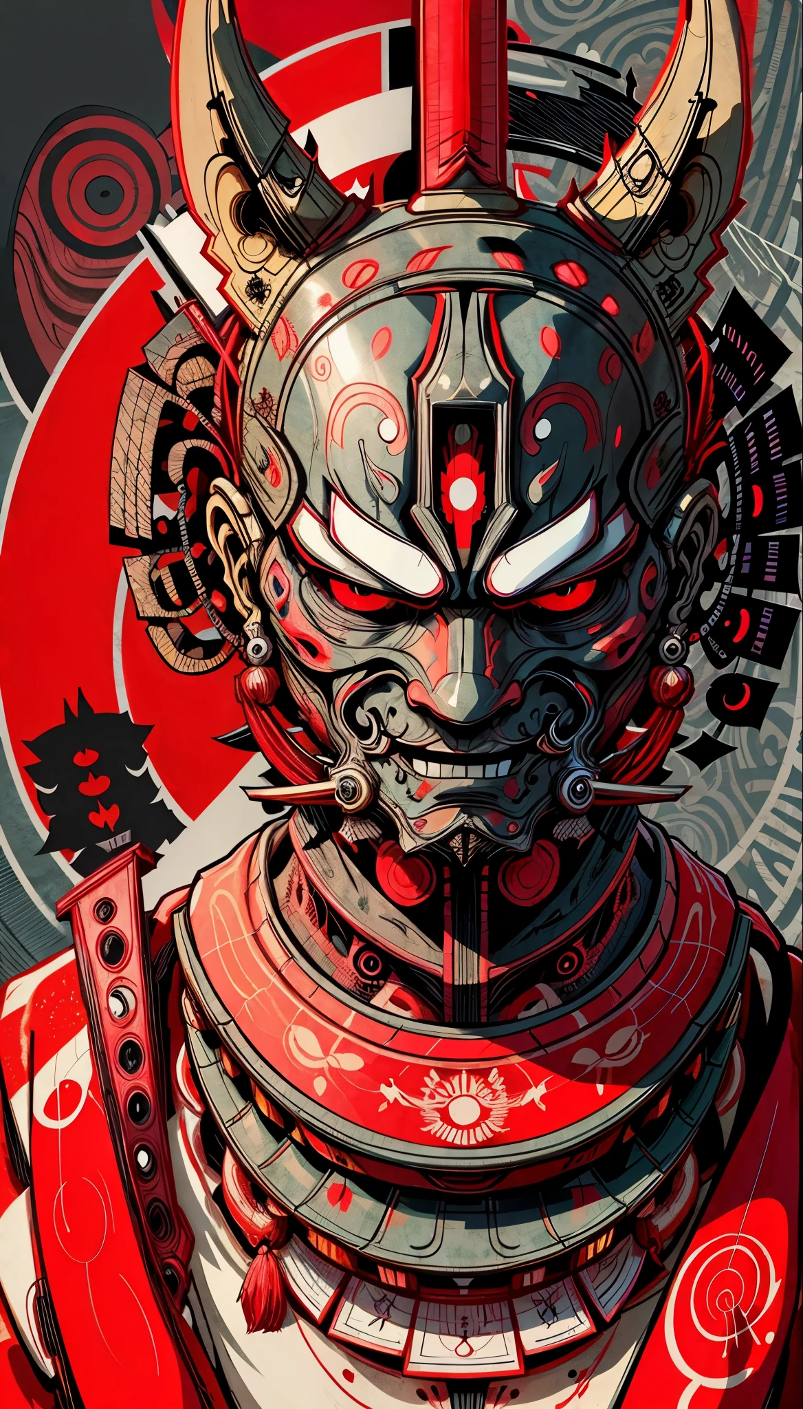 Portrait Mask, ilustrador, masterpiece, high quality, 8k, high resolution, High Detail, Japan, (people: 1.2), fear, of, Smile, front, close up, Looking at the audience, 黑暗of影子. Neon Red