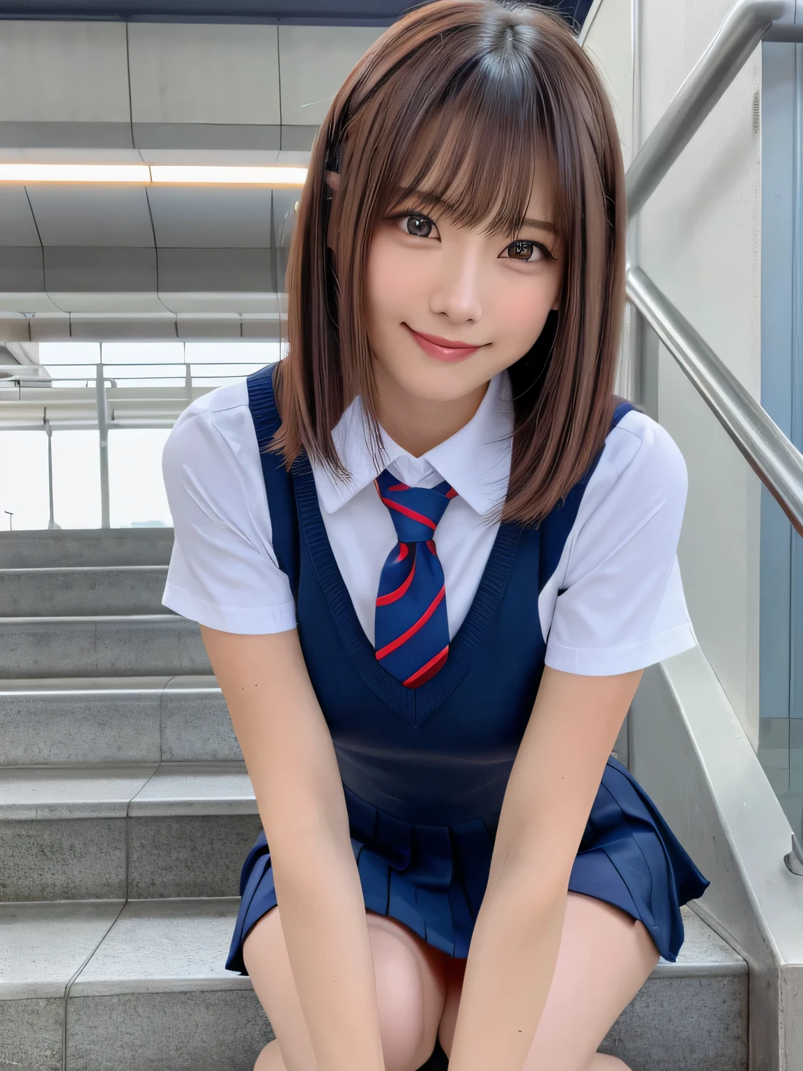 8k,highest quality, Tabletop, Ultra-detailed, 超A high resolution, Realistic, RAW Photos, Absurd, The absolute solution, One Girl, alone,Upper Body, View your viewers,Young and pretty girl in Japan,Super cute face, Attractive person, Big Breasts, Long Bob Hair ,smile,(school uniform:1.3),(She is crouching on the stairs of the station..) ,glossy lips, Natural Makeup, Long eyelashes, Shiny and smooth light brown long bob hair, Asymmetrical bangs, Shiny skin, Center image, High resolution, Attention to detail, Detailed hairstyle, Detailed face, Great cinema lighting, Octane Rendering, Vibrant, Ultra-realistic, Perfect limbs, Perfect Anatomy