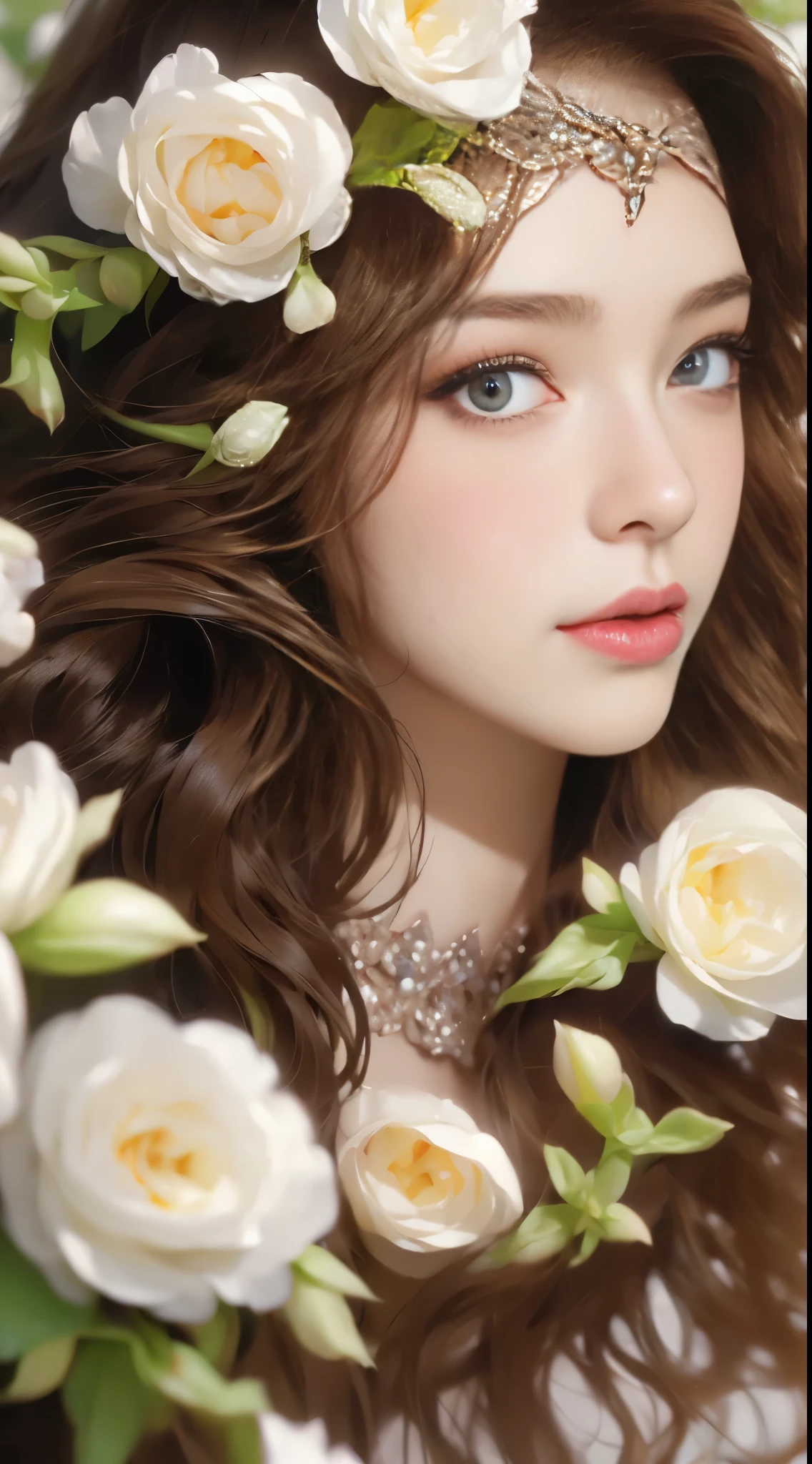 ((highest quality, 8k, masterpiece :1.3)), 1 girl, smile, whole body, slim face, Beautiful woman, (dark brown hair), full length dress :1.1, super detailed face, fine eyes, double eyelid, blur background, slim face, city, outside, street,art flower、