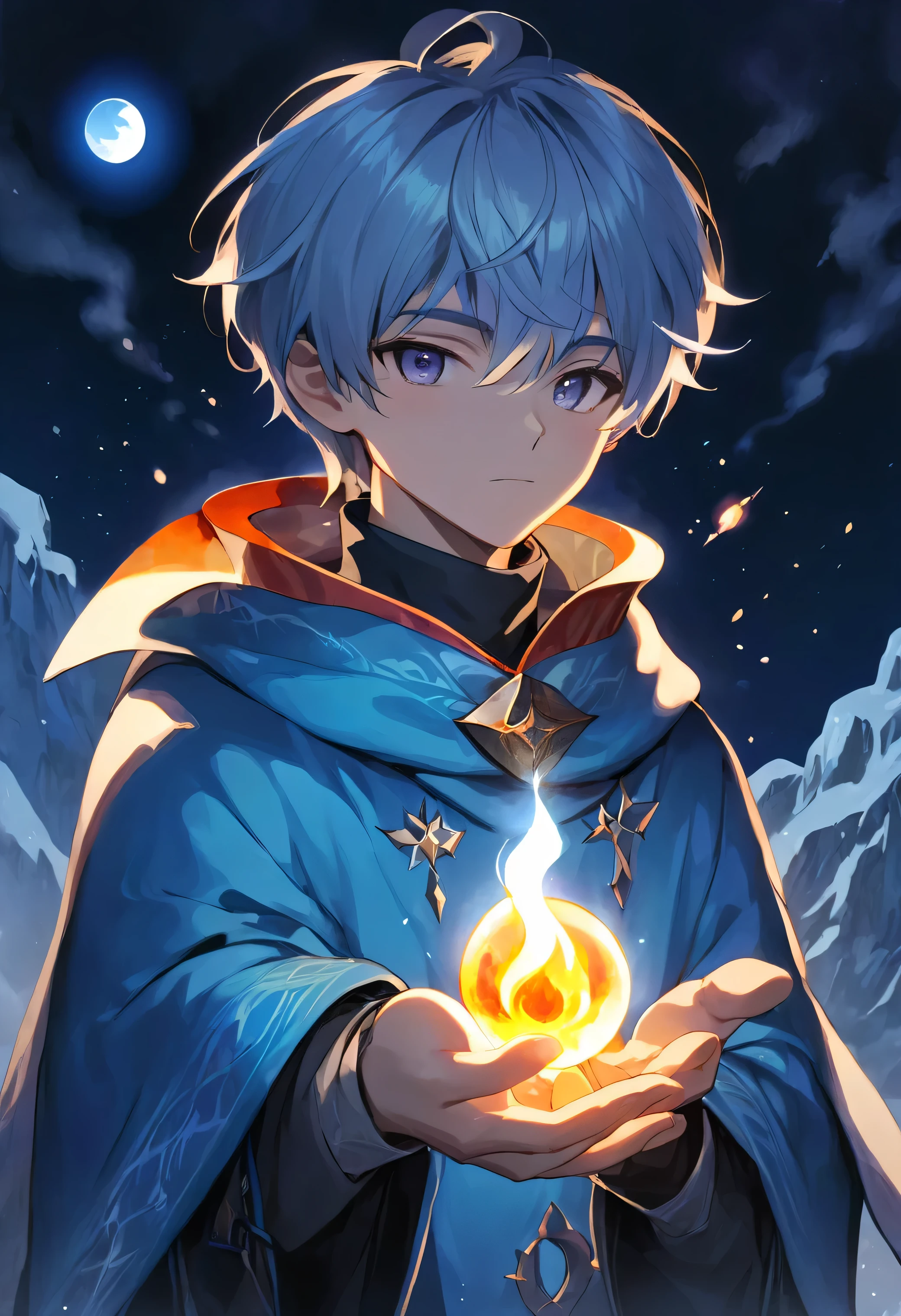 A 20 year old boy holding a fire element on his hand . He wear sorcerer's mantle. The atmosphere is icy winter with moon and star background. 