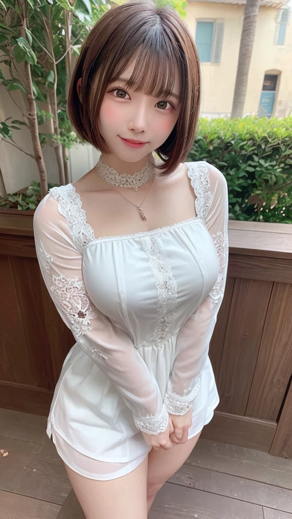 ((masterpiece)), ((highest quality)), (Super detailed), ((very detailed)), 4k, (8k), highest quality, (beautiful), shape,  hyper realistic, realistic, dynamic angle, thick outline, clear outline, (1 girls, 1 cute girls, solo:1.3), (queen:1.2), (lace blouse:1.3), thigh highs, short skirt, outdoor,  black hair, (blunt bangs, bob cut:1.2), , beautiful brown eyes, ((beautiful eyes)), (super cute face:1.3), l big breasts, necklace, light smile, contrapposto,