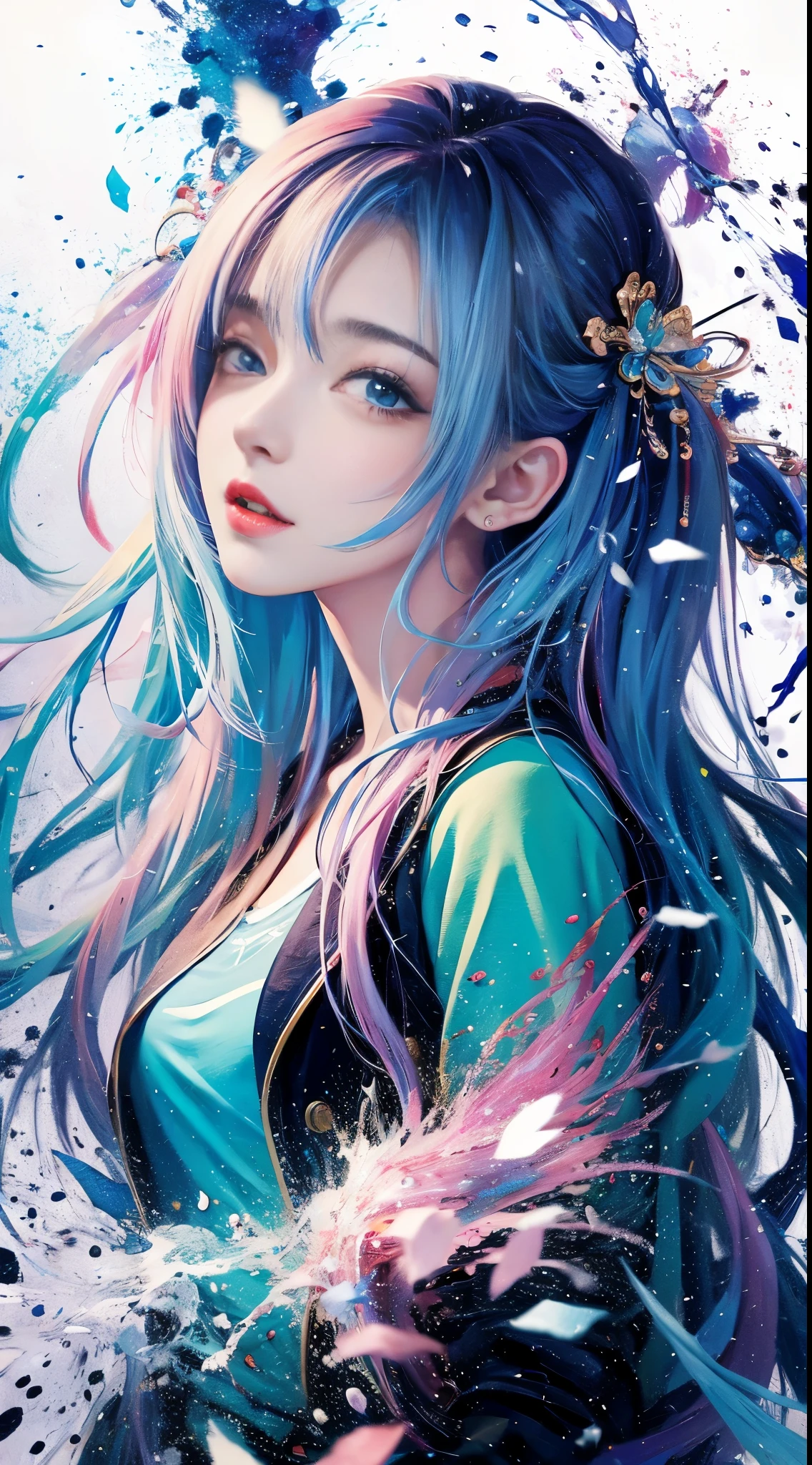 (Masterpiece, Best Quality, High Resolution), Anime Style, White Background, Acrylic Paint, ((Color Splash, Splash of Ink, Color Splash)), Sweet Chinese Girl, Long Light Blue Hair, [Light Blue|Pink] Hair, Curly Hair, Glitter, Peach Lips, White Shirt, Front, Upper Body