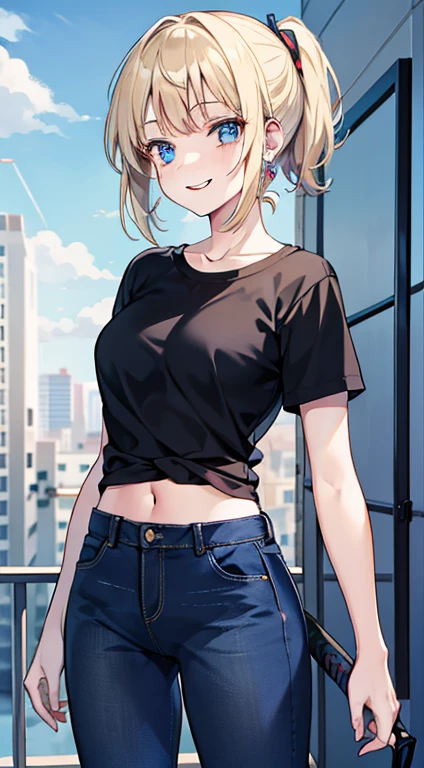 young girl, short blonde hair, high ponytail, blue eyes, Smile, Blue tight shirt, Jeans, Open showers, two swords, Fly on ropes, Masterpiece, hiquality, 4k, HD, Good detail