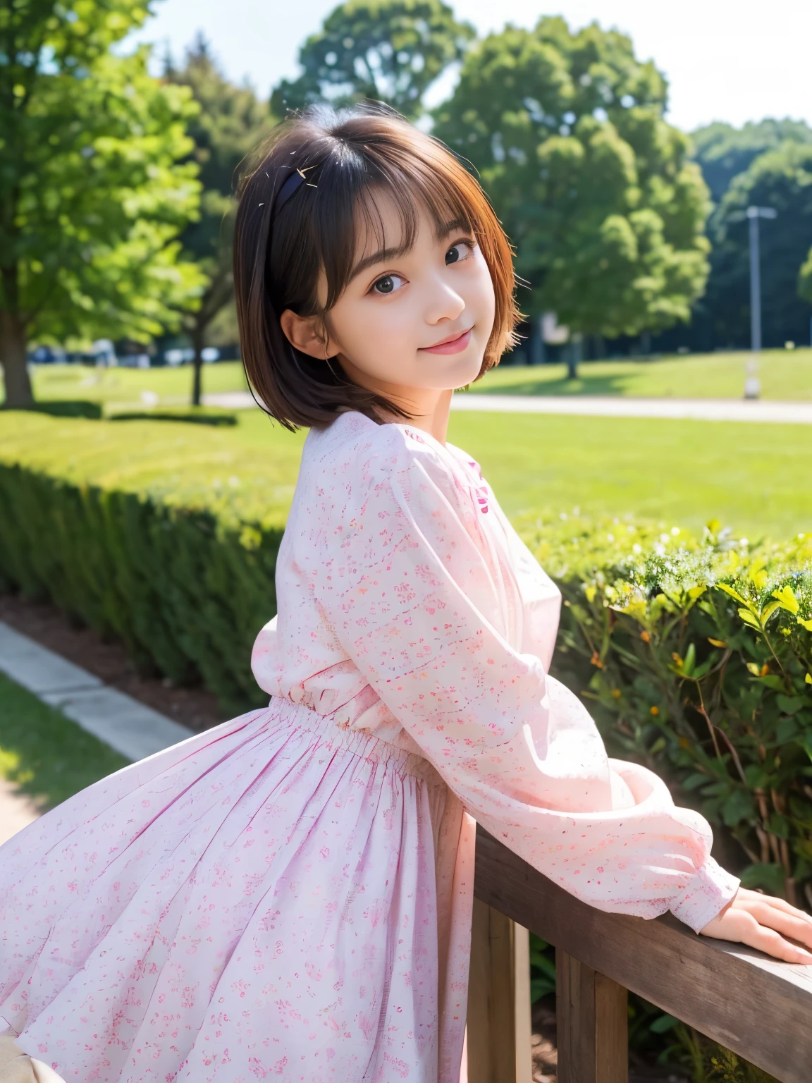 Best-quality, Masterpiece, Ultra-High-Resolution, (Photorealistic:1.4), Raw-Photo, cowboy-shot, ((leaning forward, upturned ass)), 1girl, -yeld, thost famous Japanese-idol, wearing light-pink casual-dress with cute patterned and long-sleeves, (extremely cute face like the most popular Japanese idol, (((extremely cute big-eyes))), extremely cute very-short-cut-haired, extremely beautiful skins), perfect-proportion, innocent-smile