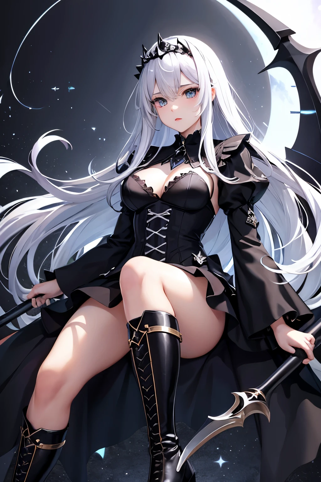 （（（highest quality、Masterpiece、Normal body、8k、Detailed face、Ultra-precision、Normal hand、Normal finger、５Finger、supreme）））Golden and silver hair、Princess、Gorgeous Dress、Frilled Skirt、Shiny Tiara、night armor、metal boots、death scythe、Overall view、Ripped Dress、Torn dress、Dress with holes、exposed skin、Grim Reaper、grim Reaper、Helper Reaper