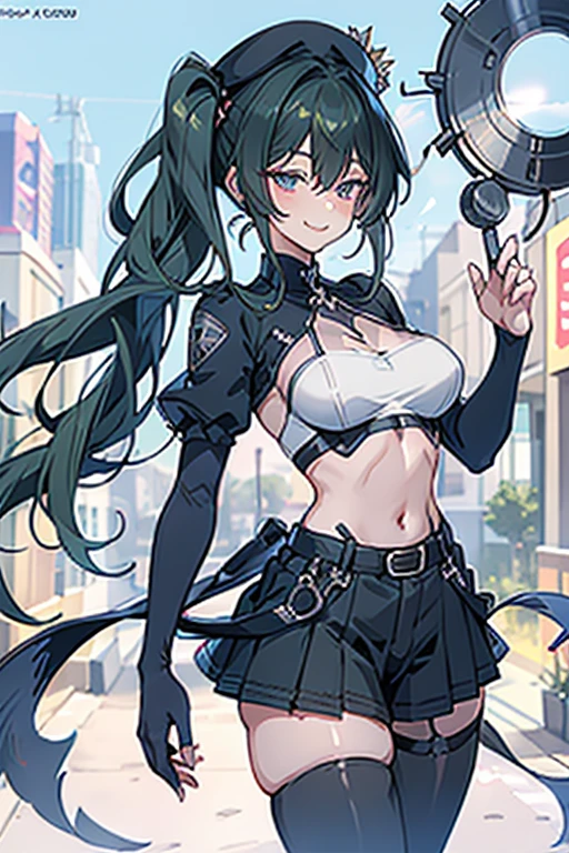 ubel,((ubel of Frieren: Beyond Journey's End )),dark green hair,long hair,side ponytail,hair between eyes,bangs, BREAK (beret, black jacket, open clothes, cleavage, midriff, black shorts, black thighhighs, thigh strap, fingerless gloves, single glove:1.2) , (dynamic angle:1.3, front view:1.1, breast focus:1.3, from below:1.2), (dynamic posing:1.5, sexy posing:1.2, leaning forward), (seductive smiling:1.3),(*K) HD, highest quality, WorKs of masters, High resolution, spread legs, panties shot,1 girl, small nose,(with sparkling eyes and a contagious smile), very beautiful detailed face and eyes, bright colors, cute face, delicate beautiful face, Bright magenta eyes, cute eyes, sparkling eyes, Big eyes, (big breasts:1.3), (perky chest:1.1), (pointed chest:1.0), medium hips, glamorous body, white skin, smile, thin pubric hair, shiny hair, super beautiful face, Super beautiful eyes, Super beautiful hair，trendy outfit，magazine cover，sexy and attractive，explosion of colors，big hairpin，full body esbian，illegal occupation, Real World, Natural light,perfect Natural light,looking at viewer, 