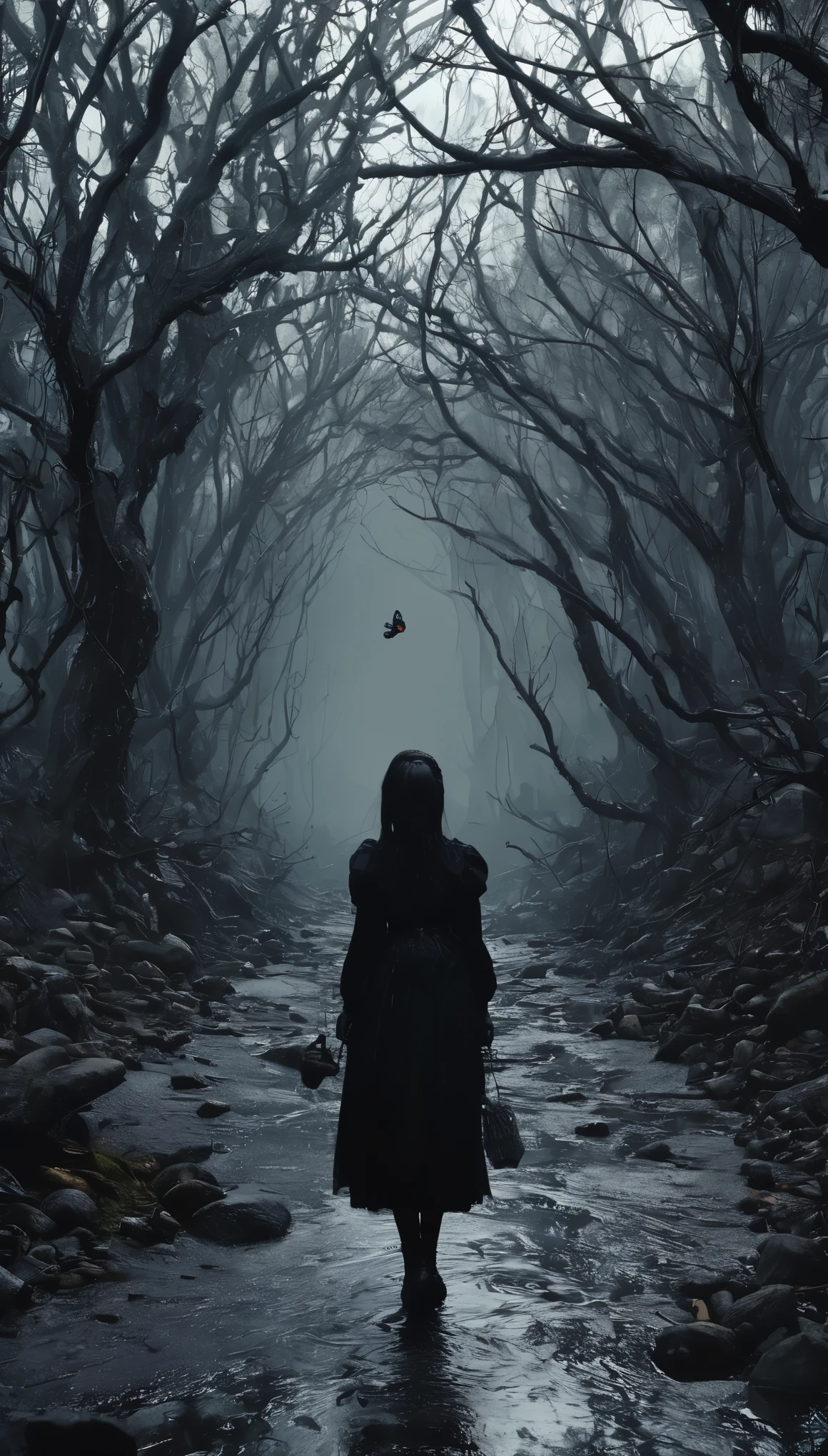 (butterfly:1.5),(butterfly theme:1.5),(dark horror theme:1.5),(thriller:1.5),(inspiration from Stephen King:1.5),(dark fantasy:1.5), (ink and watercolor painting:1.5), (black and white color:1.5), 8k, 4k, (landscapes:1.5),(A large number of butterflies fly towards the viewer:1.5),(ruined:1.5),(ruined village:1.5),(1800s:1.5), (ruined theme:1.5),(lots of flying butterflies:1.5),(puddle:1.5),(Unpaved roads:1.5),(absurderes:1.5),(fantastic:1.5),(best quality:1.5),(masterpiece:1.5),full body length,Quartz Manganite babygirl plays with doll,pretty face,eyebrow up,full body shot,ominous landscape,Fluorite Wulfenite atmosphere,by art Simon Stalenhag,Nicola Samori,(((Wangechi Mutu))),prime colors,urban,extremely detailed,masterpiece,intricate details,faded,eyes extremely detailed, high detailed eyes,4k resolution,RAW, Nikon Z9,scary town,stalker,orc,Stone Forest in Yunnan Province of China,best quality, ultra-detailed, realistic, portraits, dark and eerie atmosphere, glowing eyes, ethereal presence, hauntingly beautiful, ghostly figures, swirling mists, supernatural entities, demonic essence, shadowy forms, eerie whispers, sinister aura, hauntingly pale skin, dark and twisted branches, flickering candlelight, macabre elements, mysterious and enigmatic, spectral apparitions, gothic art style, hauntingly captivating, spectral realm, hauntingly melancholic, otherworldly beauty, ethereal glow, hauntingly haunting, chilling and atmospheric, eerie and ominous lighting.