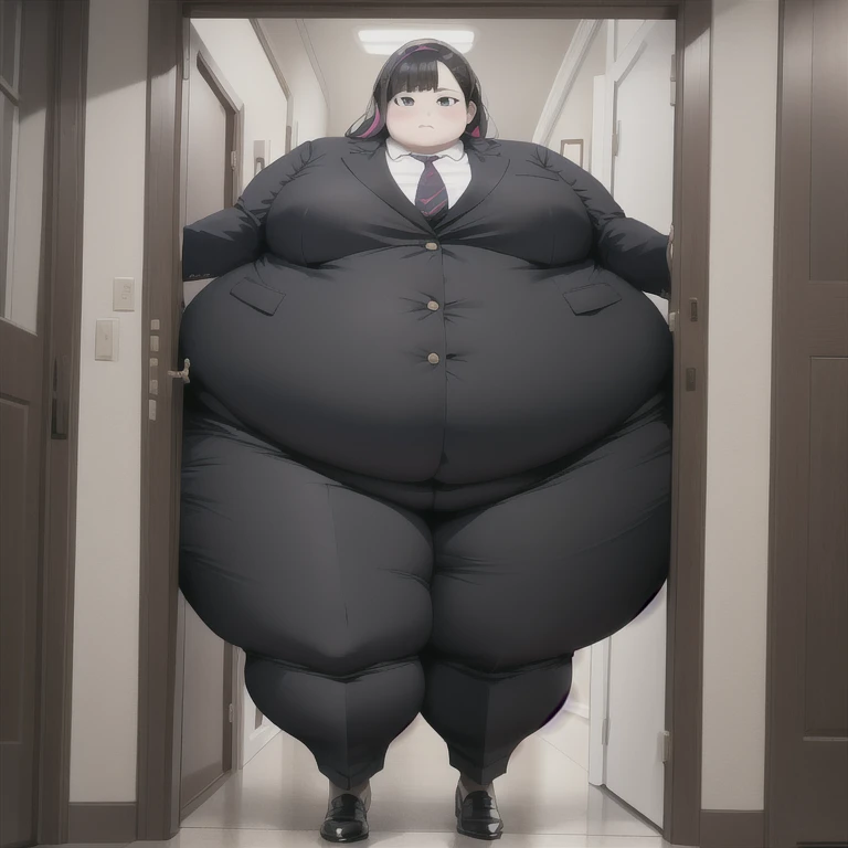 masterpiece, 1girl behind a doorway, from front, (doorstuck, stuckfront:1.3), colorful clothing, wearing suit and tie and formal pants, upset, standing, full body, obese, fatty, bbw, , bottom heavy