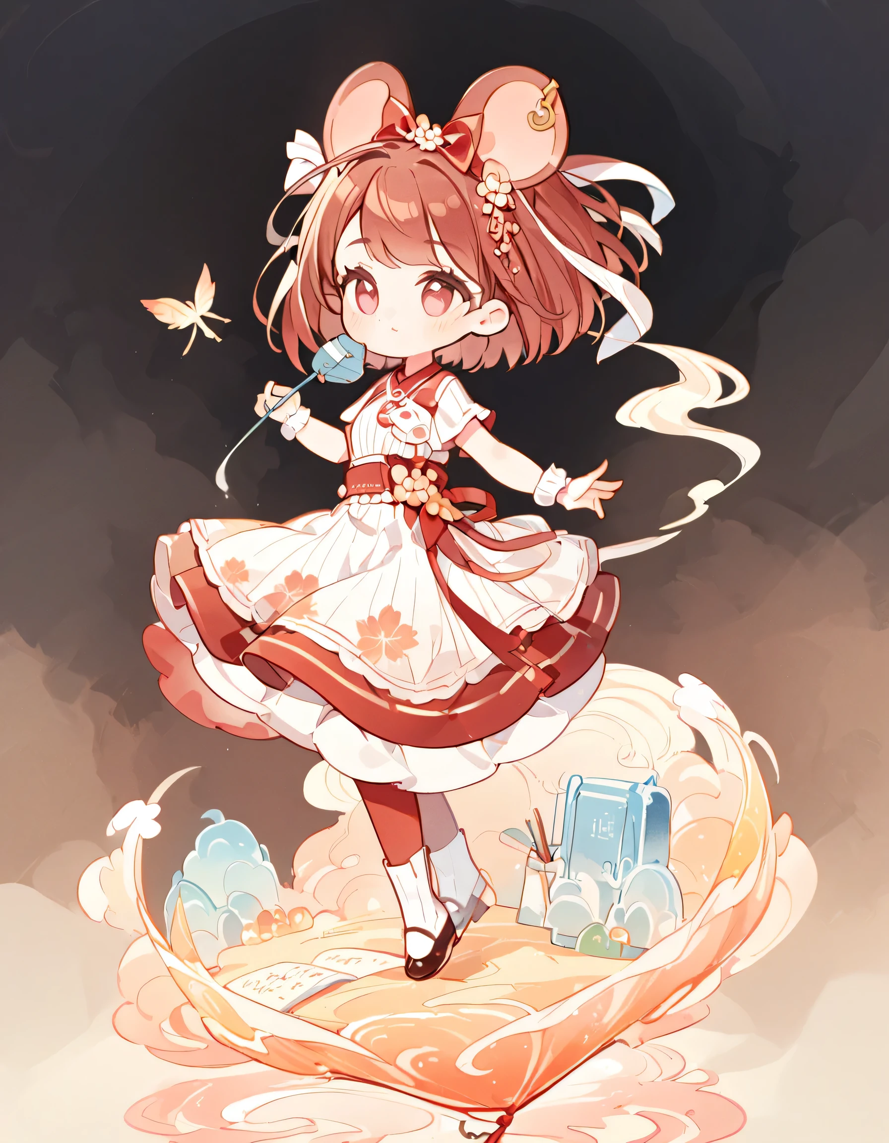 fly a kite，（Clean background），Depth of detail，Q version three-headed body、Mouse ears，Transparent watercolor、girl、Beautiful arrangement and theme、Writing limit depth、Flat avatar, 1girl, （Brown short hair）， hair tip white,Fashionable design clothing(red and white)),Background white、 Lovely girl, modest dress, Sakura pantyhose