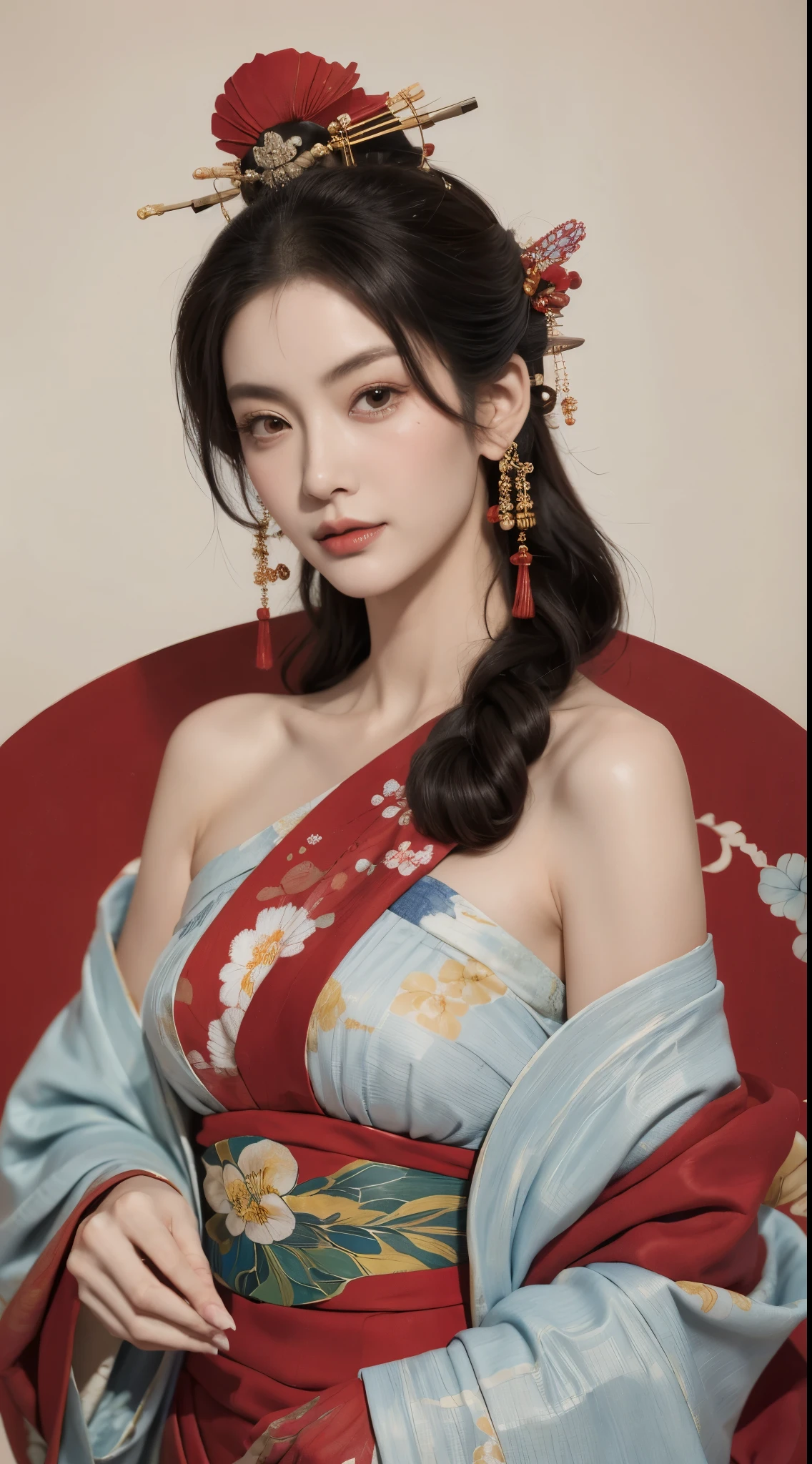 （tmasterpiece：1.2，best qualtiy），（Very detailed face，Real pictures，Realistic skin，photorealistic body，Complicated details），solo，1 milf，rcasual，ukiyoe painting，cropped shoulders，（aquarelle：1.3），Oiran，