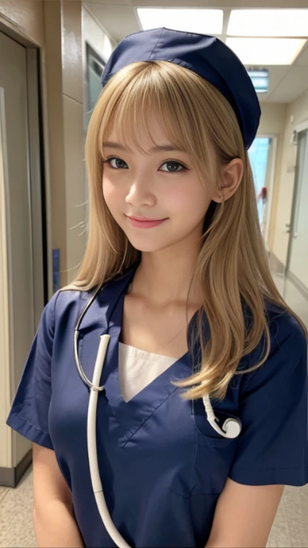 (Medium Chest)、Sexy cute looks and cute beautiful girl, Beautiful and sexy face、A strong wind blows my hair in front of my face、Beautiful blonde with cute long straight hair, Sexy eyes hidden behind long bangs,slightly dark skin, height: 156cm,troubled eyes,((Slightly droopy eyes)),(((whole body))),((nurse)),(Navy blue nurse clothes),Cute smile,Hospital corridor