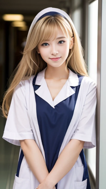 (Medium Chest)、Sexy cute looks and cute  beautiful girl, Beautiful and sexy face、A strong wind blows my hair in front of my face、Beautiful blonde with cute long straight hair, Sexy eyes hidden behind long bangs,slightly dark skin, height: 156cm,troubled eyes,((Slightly droopy eyes)),(((whole body))),((nurse)),(Navy blue nurse clothes),Cute smile,Hospital corridor