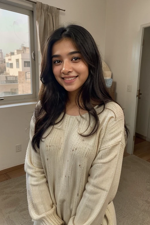 A beautiful Pakistani girl with thick black hair and bright skin, brown eyes and light freckles on cheeks,small breasts, morning selfie, wearing winter sweater, simple room view in background, no blur, girl far from camera, mobile clicked selfie, ((laughing)), natural morning daylight, ((sharped background)) vibrant colors.