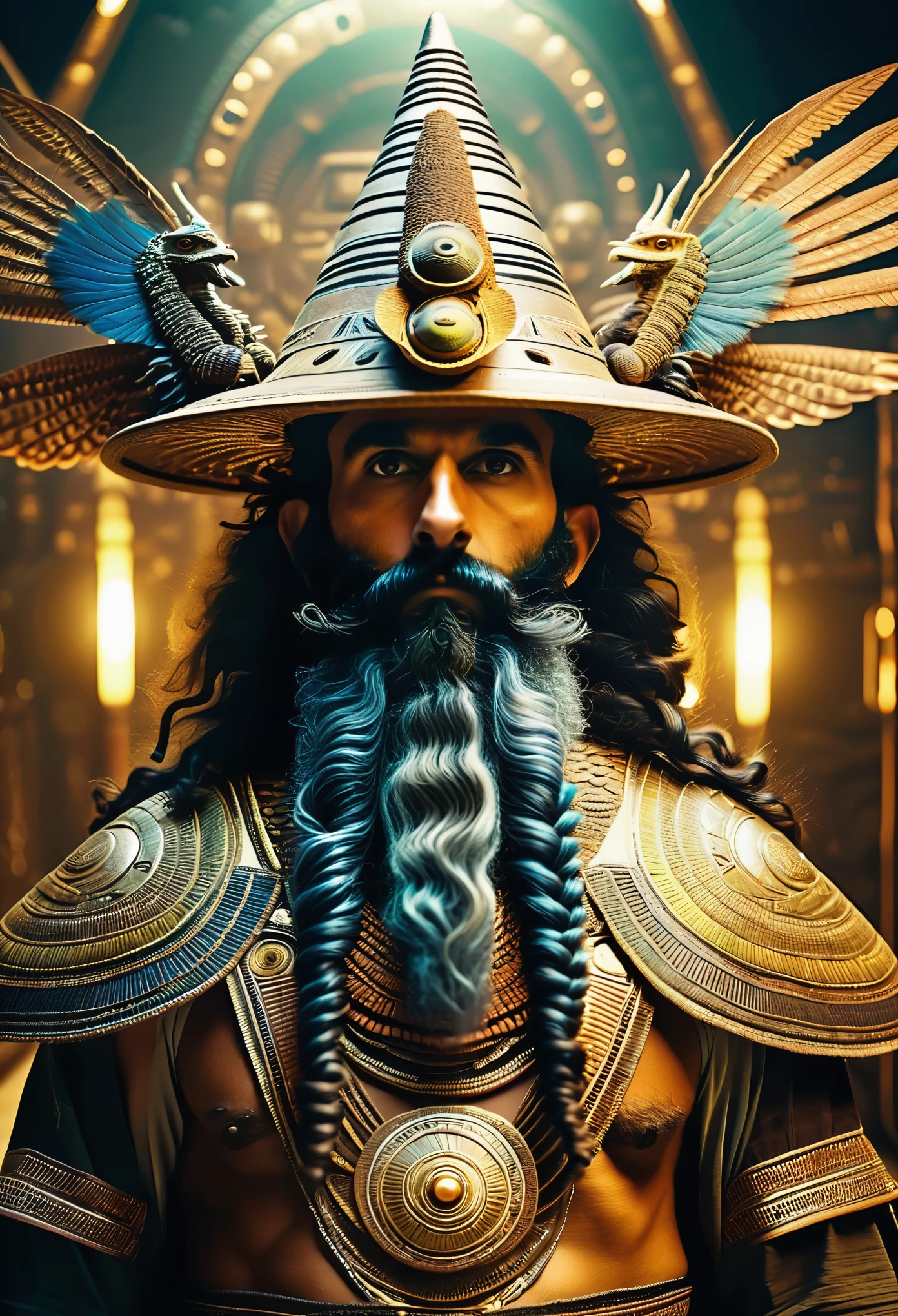 dslr photo of real ancient anunnaki antropomorphic alien sumerian gods, giant, hyper detailed starship interior, they have long curly beards, wings, a pinecone in the hand, and a long hat with sumerian luminescent writing in the hat, hyper detailed hyperreal hypermaximalist