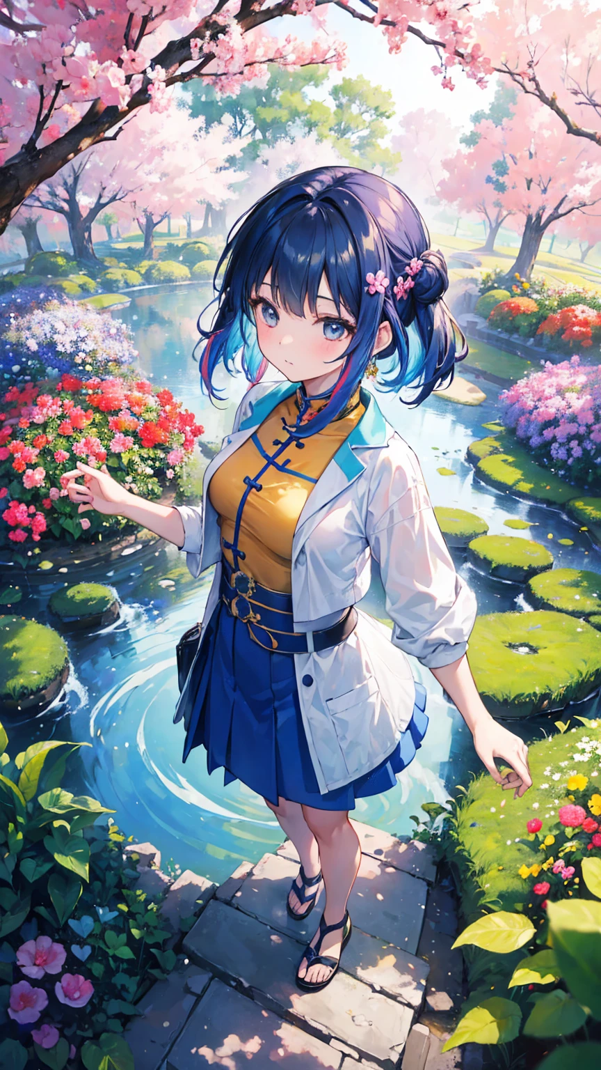 (masterpiece, best quality), (colorful:1.4), from above, solo, 1girl standing in a Qi Gong garden with flowing movements and a bag of herbal remedies, depth of field, fisheye lens