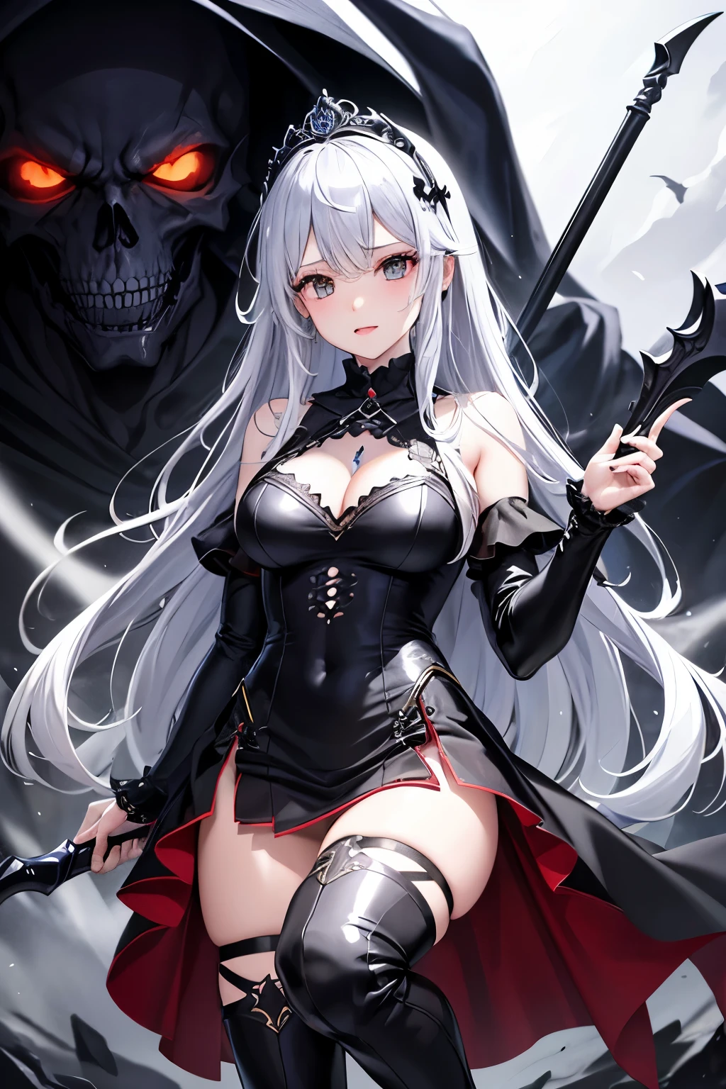 (((highest quality、Masterpiece、Normal body、8k、Detailed face、Ultra-precision、Normal hand、Normal finger、5Finger、supreme)))Golden and silver hair、Princess、Gorgeous Dress、Frilled Skirt、Shiny Tiara、night armor、metal boots、White underwear、death scythe、Overall view、Ripped Dress、Torn dress、Dress with holes、exposed skin、Grim Reaper、grim Reaper、Helper Reaper、grim Reaperの鎌