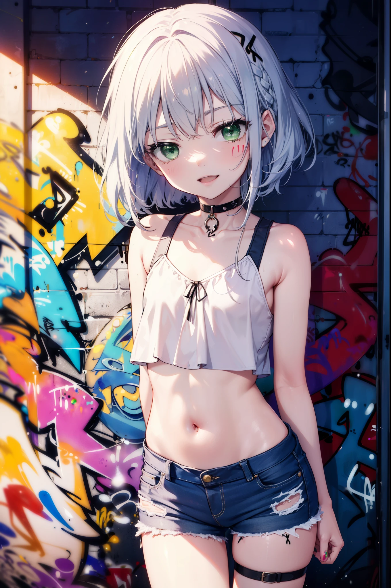 index, index, (Green Eyes:1.5), Silver Hair, Long Hair, (Flat Chest:1.2),happy smile, smile, Open your mouth,short braided hair,Headlock,Yellow Headband Belly Button Tank Top,Denim shorts, choker, (graffiti:1.5), Paint splashes, Put your arms behind your back, Against the wall, Looking at the audience , Thigh straps, Tilt your head, was bored,break outdoors, alley,break looking at viewer, (Cowboy Shot:1.5), break (masterpiece:1.2), highest quality, High resolution, unity 8k wallpaper, (shape:0.8), (Beautiful and detailed:1.6), Highly detailed face, Perfect lighting, Highly detailed CG, (Perfect hands, Perfect Anatomy),