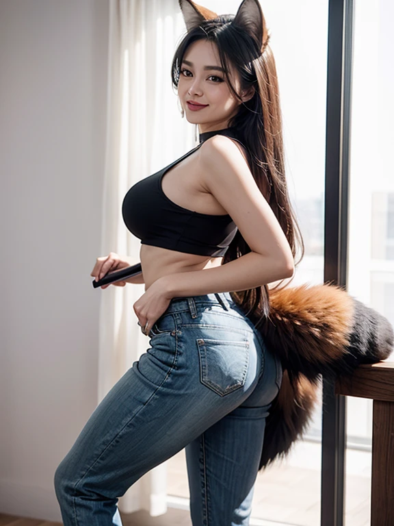 ((highest quality, 32k)), ((masterpiece)), (Familiar), Perfect Face, Fox Woman, Beautiful woman, public, She has a fluffy tail, She has a red fox's tail, She wags her tail, smile, Dog collar, She is wearing sexy pants, Beautiful Hips, Big Butt, Showing off a big tail, A tail sticks out from inside the pants