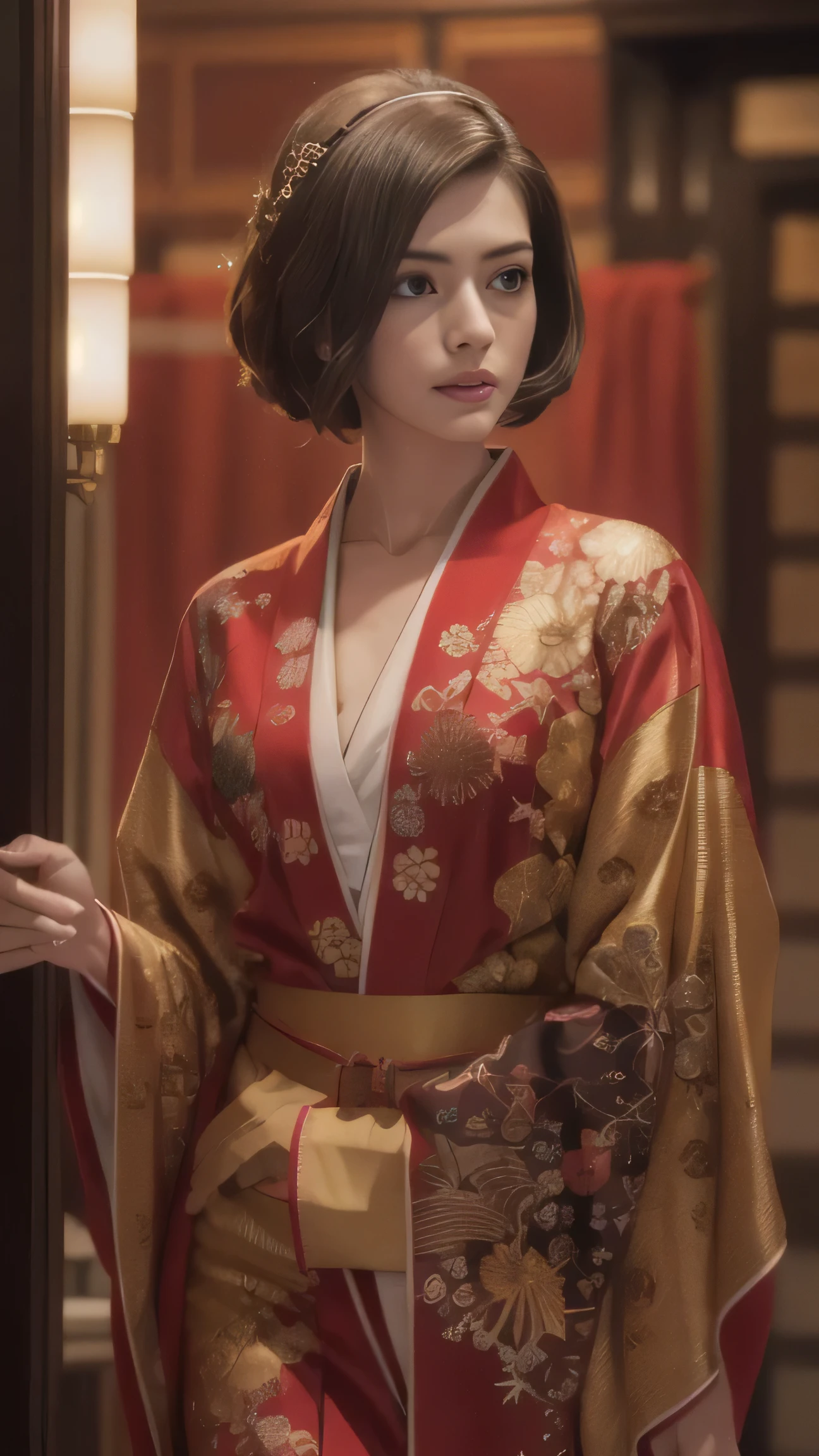 photo of Anne Hathaway, RAW, beautiful woman, ((full body shot)), ((detailed face:1.2)), ((detailed facial feature, detailed skin, clear skin), (perfect proportioned body), (wearing a red and gold thin-skin kimono), high wealth apartment, (realistic photo, best quality, detailed), (cinematic lighting, dramatic lighting), (sharp focus, intricate)