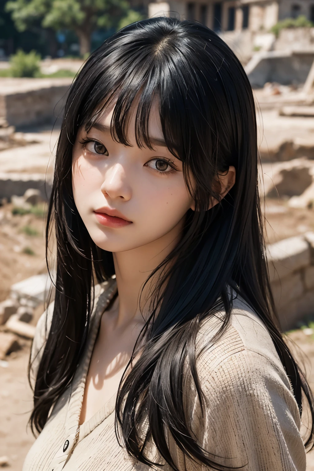 A beautiful woman. Black hair. She has her bangs down. Her forehead is hidden by her bangs. She is looking at the camera with a serious expression. Twenty years old. She is at an excavation site of an ancient ruin.