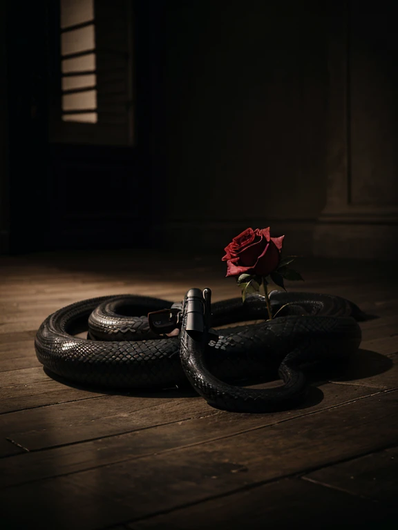 Sombre, serpent, rose, pistolet