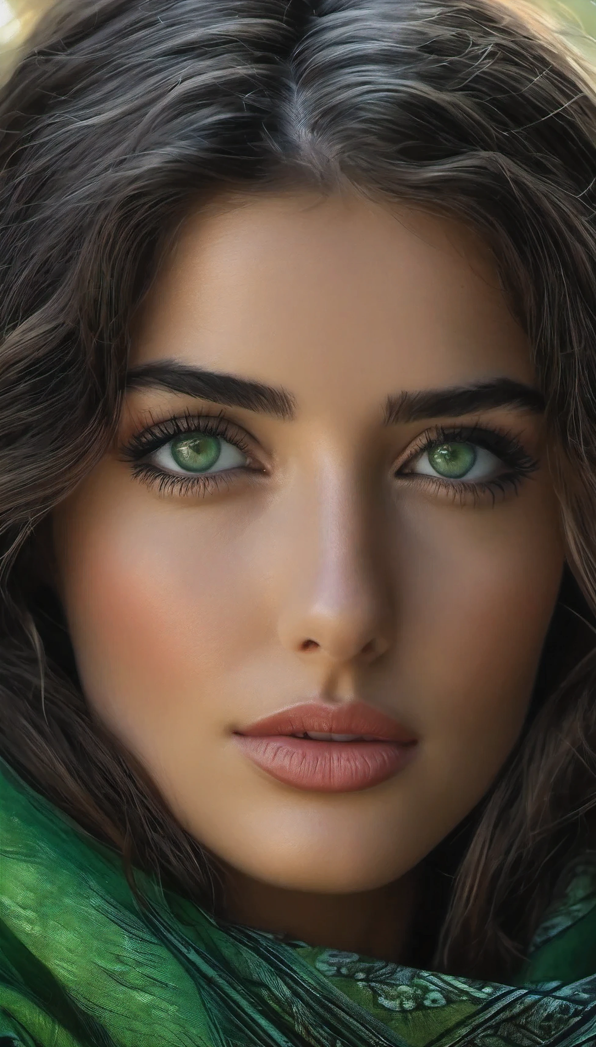 Portrait d'une femme italienne, masterpiece, best quality, yeux parfaits, high details, 4k, 8k,regarde le spectateur, Cheveux noirs, yeux verts, foulard, lips, cils ,Realistic,nez ,yeux brillants