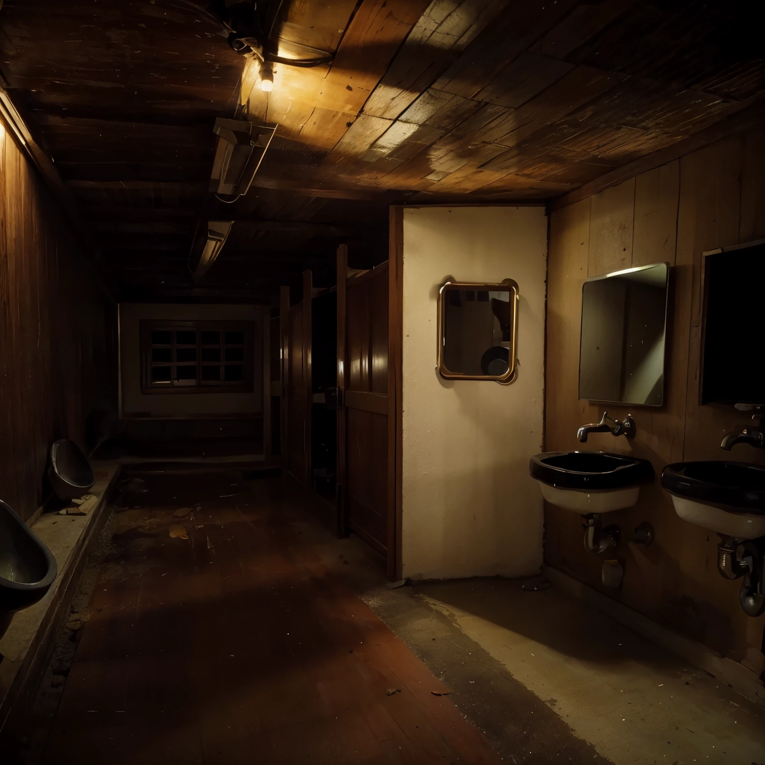 1950's clean old Japanese-style campus toilet in the middle of the night,There is a row of traditional male urinals on the left,There are 2 toilets on the right(One door has a squat toilet) There is an old 1950's sink and mirror outside,The dim light at night reflects the details of the space ,Construction is cement and wood,The floor is clean cement but has water-stained reflections,The image should reflect the authenticity of that era, Showing intricate details,Like the wooden beams that support traditional ceilings. Simulate the vivid colors and rich textures of color film photography, Recreate the 1950's experience with the utmost realism and attention to detail.
