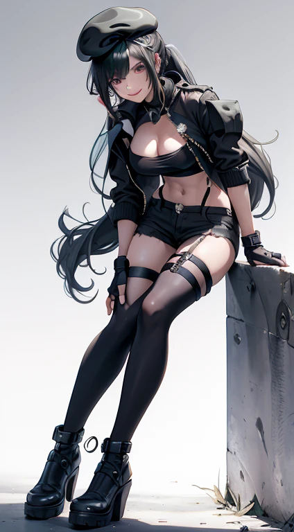 ubel,((ubel of Frieren: Beyond Journey's End )),dark green hair,long hair,side ponytail,hair between eyes,bangs, BREAK (beret, black jacket, open clothes, cleavage, midriff, black shorts, black thighhighs, thigh strap, fingerless gloves, single glove:1.2) , (dynamic angle:1.3, front view:1.1, breast focus:1.3, from below:1.2), (dynamic posing:1.5, sexy posing:1.2, leaning forward), (seductive smiling:1.3),(*K) HD, highest quality, WorKs of masters, High resolution, spread legs, panties shot,1 girl, small nose,(with sparkling eyes and a contagious smile), very beautiful detailed face and eyes, bright colors, cute face, delicate beautiful face, Bright magenta eyes, cute eyes, sparkling eyes, Big eyes, (big breasts:1.3), (perky chest:1.1), (pointed chest:1.0), medium hips, glamorous body, white skin, smile, thin pubric hair, shiny hair, super beautiful face, Super beautiful eyes, Super beautiful hair，trendy outfit，magazine cover，sexy and attractive，explosion of colors，big hairpin，full body esbian，illegal occupation, Real World, Natural light,perfect Natural light,looking at viewer, 