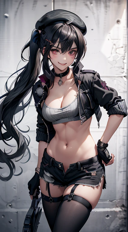 ubel,((ubel of Frieren: Beyond Journey's End )),dark green hair,long hair,side ponytail,hair between eyes,bangs, BREAK (beret, black jacket, open clothes, cleavage, midriff, black shorts, black thighhighs, thigh strap, fingerless gloves, single glove:1.2) , (dynamic angle:1.3, front view:1.1, breast focus:1.3, from below:1.2), (dynamic posing:1.5, sexy posing:1.2, leaning forward), (seductive smiling:1.3),(*K) HD, highest quality, WorKs of masters, High resolution, spread legs, panties shot,1 girl, small nose,(with sparkling eyes and a contagious smile), very beautiful detailed face and eyes, bright colors, cute face, delicate beautiful face, Bright magenta eyes, cute eyes, sparkling eyes, Big eyes, (big breasts:1.3), (perky chest:1.1), (pointed chest:1.0), medium hips, glamorous body, white skin, smile, thin pubric hair, shiny hair, super beautiful face, Super beautiful eyes, Super beautiful hair，trendy outfit，magazine cover，sexy and attractive，explosion of colors，big hairpin，full body esbian，illegal occupation, Real World, Natural light,perfect Natural light,looking at viewer, 