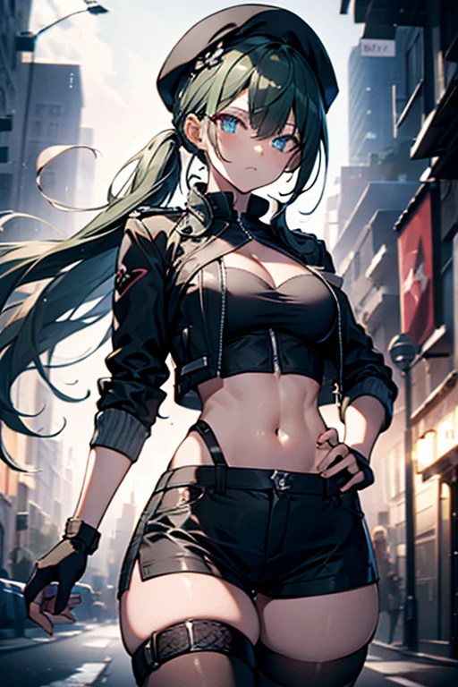 ubel,dark green hair,long hair,side ponytail,hair between eyes,bangs, BREAK (beret, black jacket, open clothes, cleavage, midriff, black shorts, black thighhighs, thigh strap, fingerless gloves, single glove:1.2) BREAK blurry background, BREAK pose, hand on hip, BREAK (masterpiece:1.2), best quality, high resolution, unity 8k wallpaper, (illustration:0.8), (beautiful detailed eyes:1.6), extremely detailed face, perfect lighting, extremely detailed CG, (perfect hands, perfect anatomy),