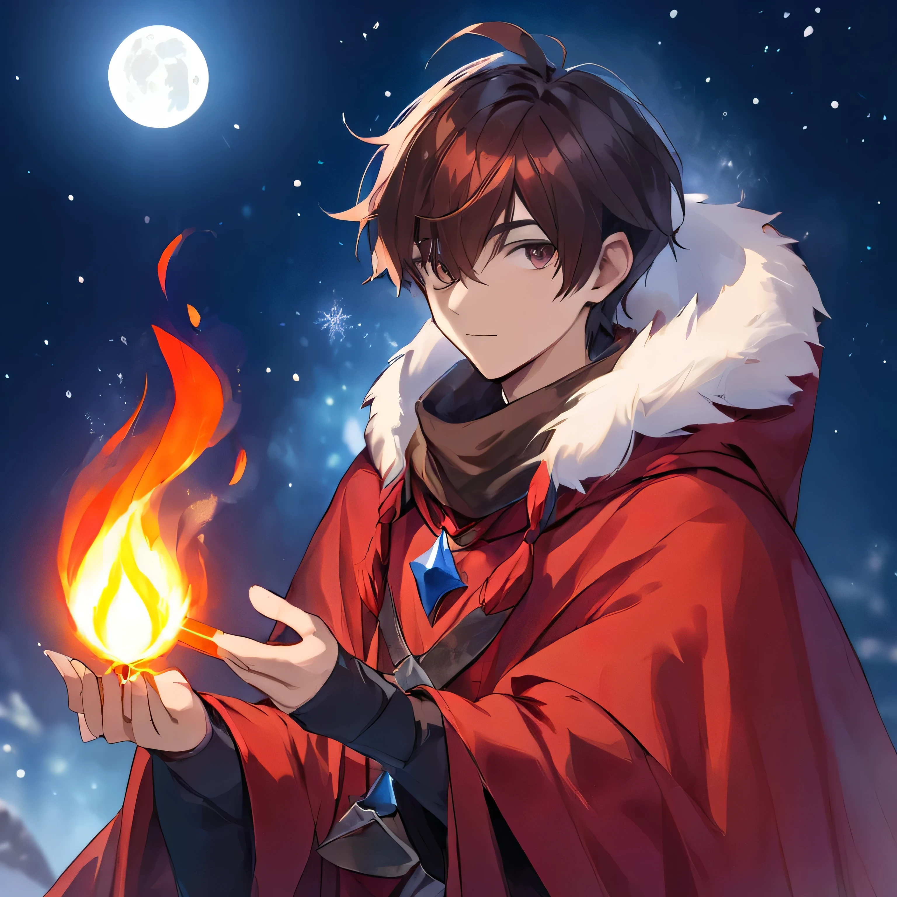 A 20 year old boy holding a fire element on his hand . He wear color red sorcerer's mantle. The atmosphere is icy winter with moon and star background.