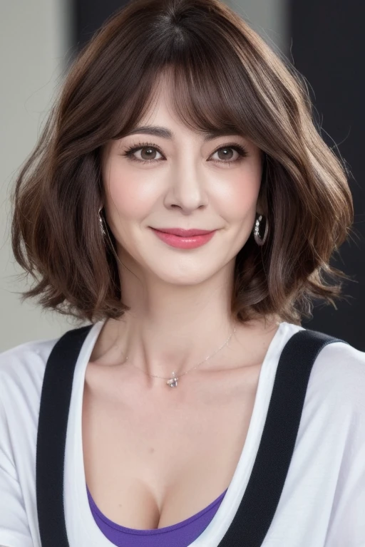 (highest quality, High resolution)))), Very detailed8K,A middle-aged Japanese woman with a glamorous body, around 50 years old, (Ultra HD, Very detailed, Very detailed, Very realistic, Ultra-Realistic Skin, Realistic photos), (1 girl:1.5), Strong wavy long hair with highlights, Bobcut, (Dynamic pose), An excited look、To the camera, A light smile, Purple eyes, (Nadium Chest: 1.2), (Beautiful and elaborate face, Fine and beautiful eyes), (A slightly large t-shirt with a loose fit, Transparent material), Cleavage, , dripping sweat, ),Black Stockings、Slightly loose skin、Heavy makeup、Inside the house、Brown eyes、Gloss lips