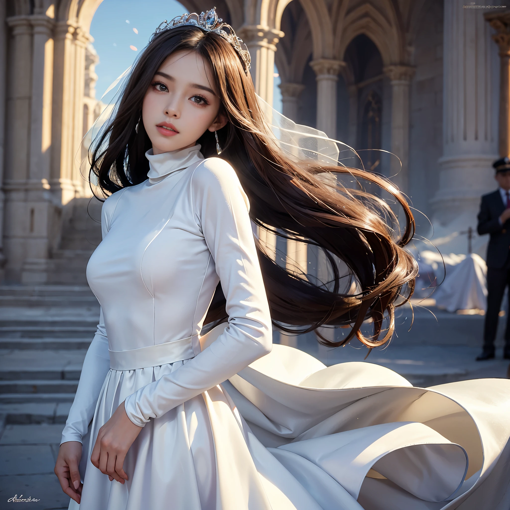 best quality, masterpiece, 1 girl, yak, cute teen, shiny lips, sweet, sun glare, Conservative attire, turtleneck wedding dress, Bridal tiara, depth of field, blurred background, Cathedral Background, light particles, strong wind, long hair, head tilt