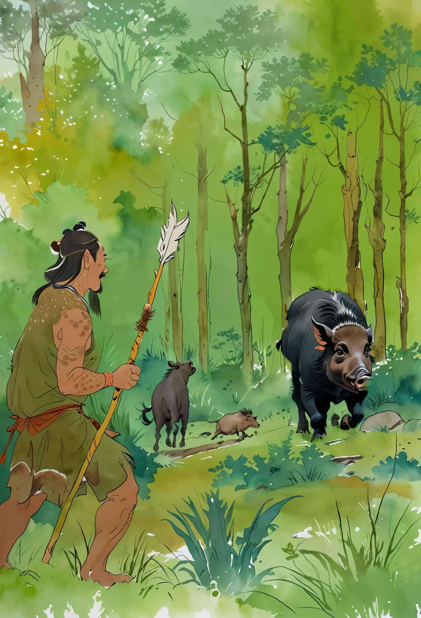 A wild boar, Black pig, Full color illustrations, Prehistoric behemoth，Fangs，grassland，field，wilderness，author：Randolph Caldecott, (Watercolor, masterpiece, Line Art, Illustration Art, Professional line art, Super complex and detailed, Chinese painting，8K:1.3)，in the woods，weed，Amazon forest background