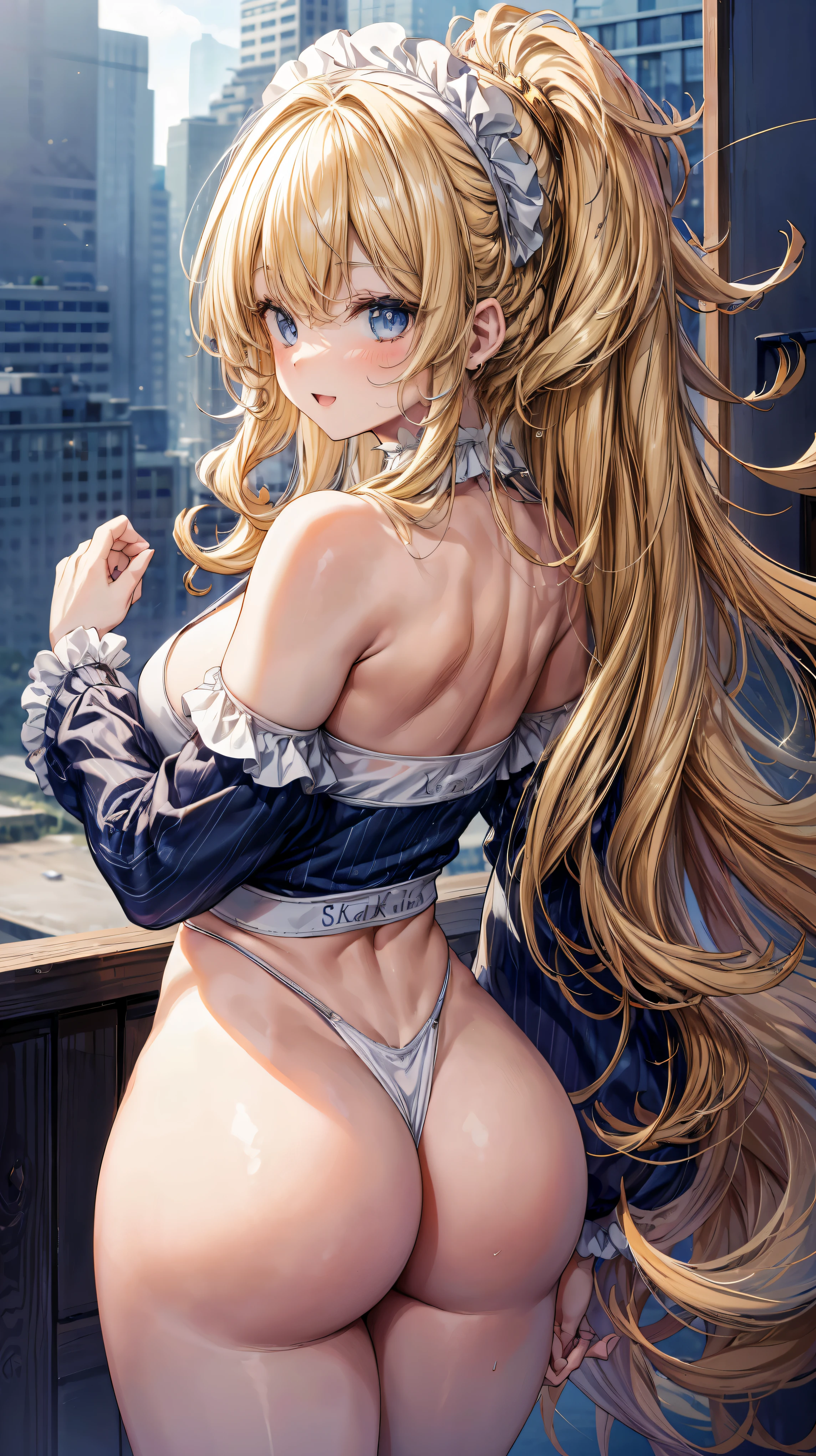 Super detailed、highest quality、Best image quality、masterpiece、8K、Anime Face、A kind smile、Open Mouth、Sparkling Blue Eyes、(long blonde curly hair:1.5)、Heavy bangs、Wearing a maid headband、(SFW huge body)、(((Rear view)))、Cowboy Shot、(Wearing a white thong:1.3)、Muscles of the whole body、Kneel、Place your hands on your hips